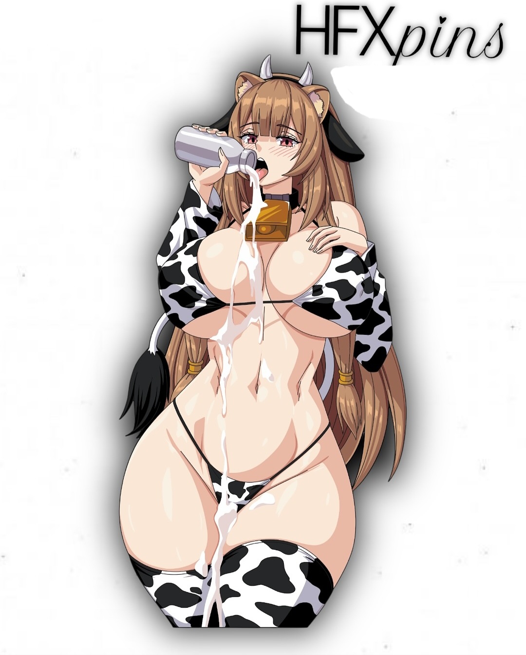 breasts, brown hair, cosplay, cow bell, cow horns, cow print, cow print bikini, cow tail, female, hfxpins, lactation, milk, milk bottle, milk on body, milk on breasts, raccoon ears, raphtalia, tate no yuusha no nariagari, the rising of the shield hero