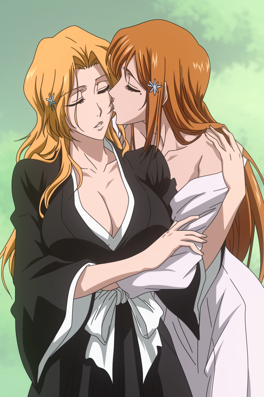 ai_generated bleach bleach:_the_thousand-year_blood_war cleavage couple inoue_orihime kissing large_breasts matsumoto_rangiku romance self_upload veilshadow yuri