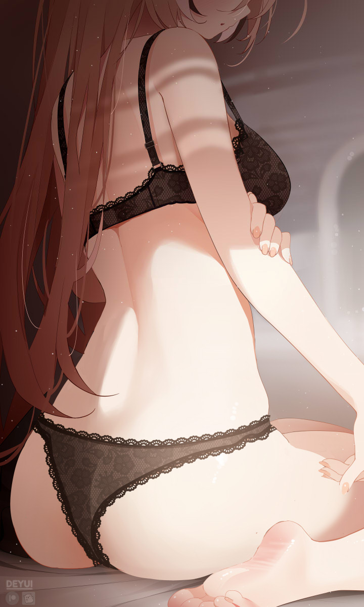 1girls ass back black_bra black_panties bra breasts brown_hair deyui feet female female_only fingernails hololive hololive_english hololive_english_-council- hololive_english_-promise- lace-trimmed_bra lace-trimmed_panties lingerie medium_breasts nanashi_mumei nanashi_mumei_(4th_costume) nanashi_mumei_(emo) panties solo underwear underwear_only virtual_youtuber