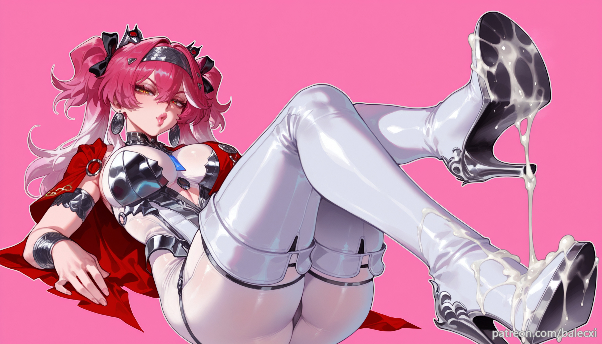 ai generated, balecxi, boots, breasts, cum on body, earrings, female, high heel boots, high heels, jewelry, large breasts, leotard, long hair, looking at viewer, lupa (wuthering waves), pink background, pink hair, solo, thigh boots, thighhighs, wuthering waves