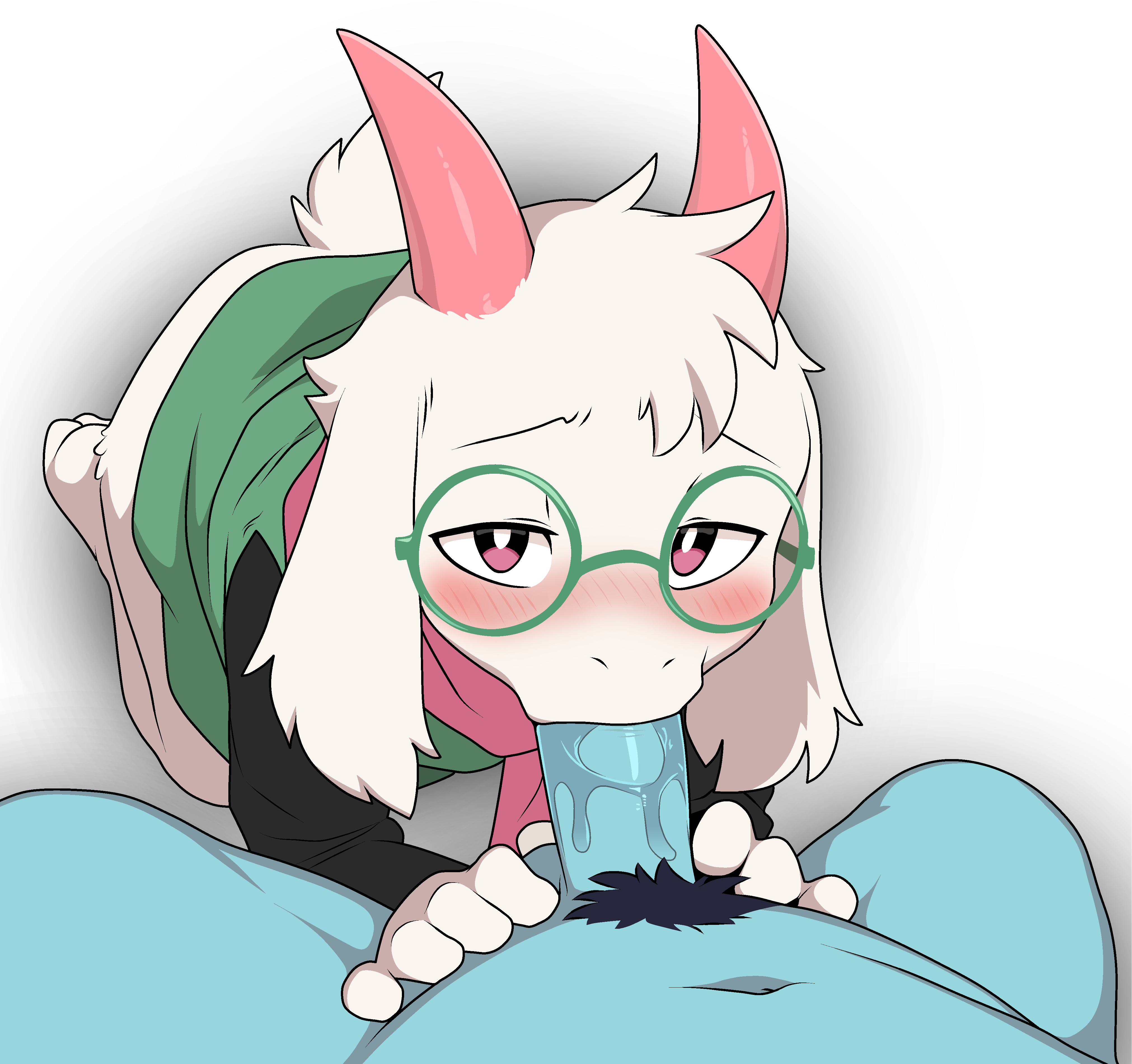 2026, 2boys, absurd res, anthro, balls, black sleeves, blue body, blue skin, blush, bodily fluids, bovid, caprine, clothing, deltarune, digital drawing (artwork), digital media (artwork), duo, erection, eyewear, fellatio, first person view, fluffy, fluffy tail, fur, gay, gay male, genitals, glasses, goat, green clothing, green eyewear, green glasses, hi res, horn, human, human on anthro, kneeling, kneeling oral position, kris (deltarune), kris dreemurr, long ears, looking at viewer, looking up, male, male on anthro, male on human, male/male, mammal, maseru, navel, oral, penile, penis, penis in mouth, pink eyes, pink horn, pink pupils, pink scarf, pubes, pupils, ralsei, robe, round glasses, saliva, saliva on penis, scarf, sex, shaded, simple background, tail, tail tuft, tuft, undertale (series), white background, white body, white fur, yaoi