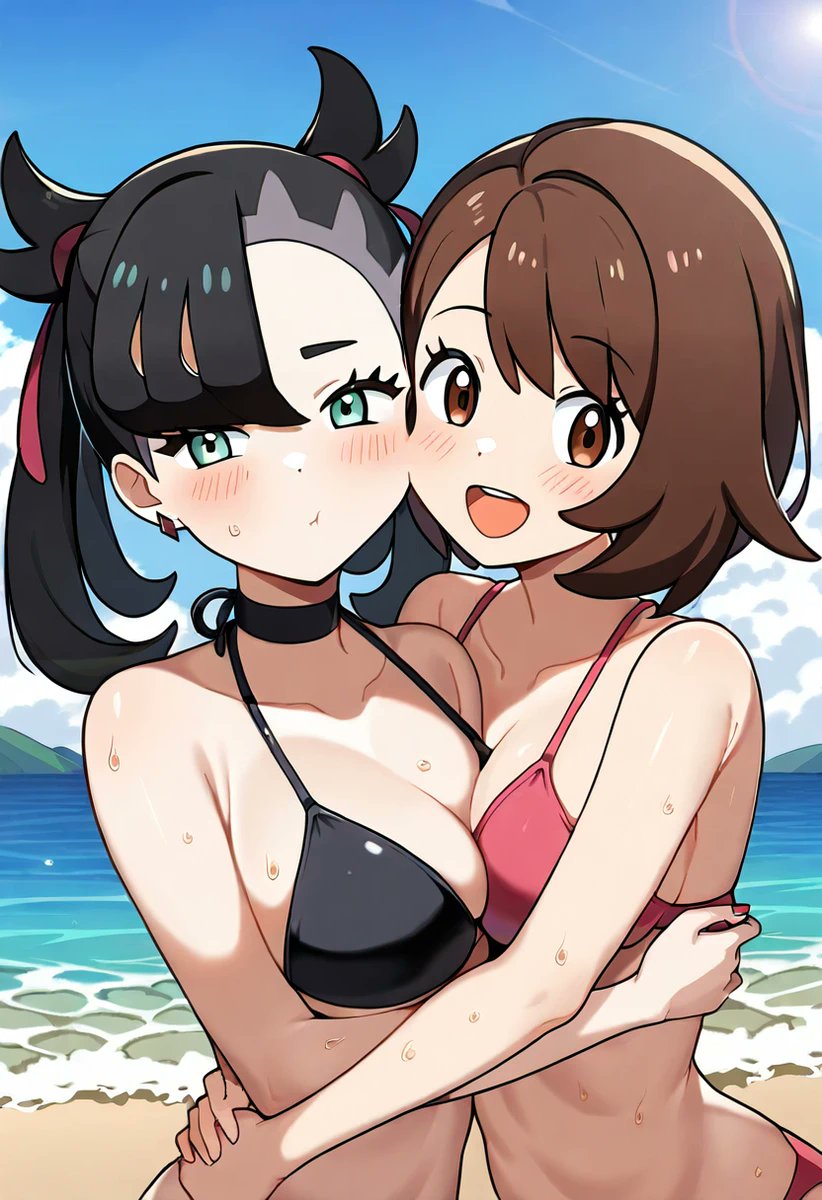 2females 2girls ai_generated bikini black_hair brown_hair female female_focus female_only game_freak gloria_(pokemon) marnie_(pokemon) nintendo pokemon pokemon_ss tagme