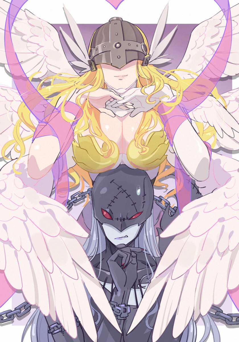 2girls angel angel_wings angewomon demon demon_girl digimon digimon_(species) female female_only futa_yuri_ryona ladydevimon yuri