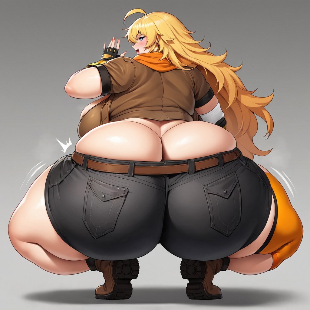 ai_generated alternate_body_type bbw big_breasts blonde_female blonde_hair bottom_heavy civitai curvaceous curvy curvy_female curvy_figure denim_shorts fat fat_ass fat_tits jiggling_ass overflowing_ass overweight overweight_female round_butt rwby ssbbw thick_ass thick_legs thick_thighs top_heavy twerking yang_xiao_long