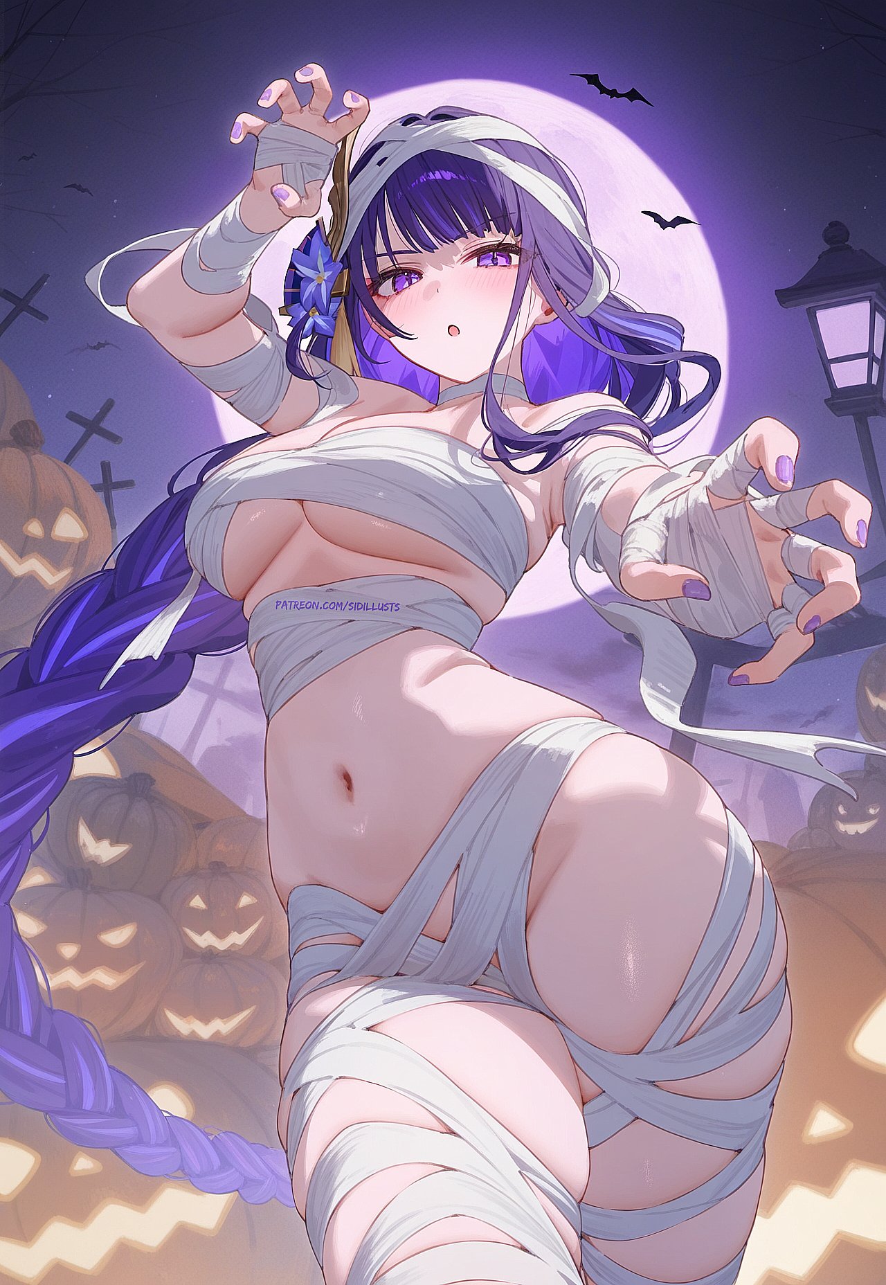 1girls, ai generated, bandages, blush, breasts, female, female only, genshin impact, halloween, hips, jack-o'-lantern, light skin, light-skinned female, long hair, looking at viewer, mummy costume, purple eyes, purple hair, raiden shogun, sidillusts, smile, thick thighs, thighs, wide hips