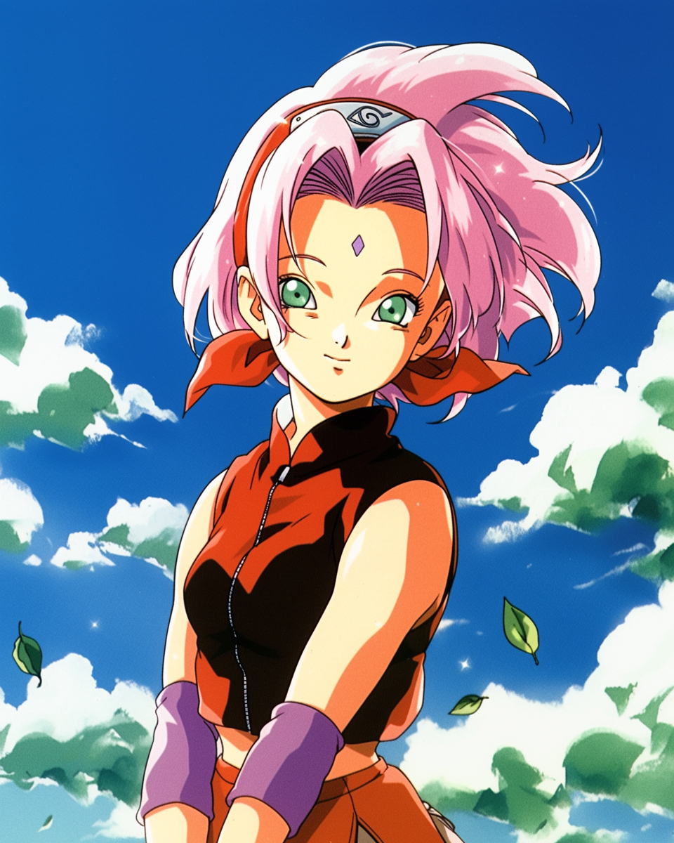 90s clouds green_eyes hairband kontrared naruto naruto_shippuden pink_hair retro_artstyle sakura_haruno