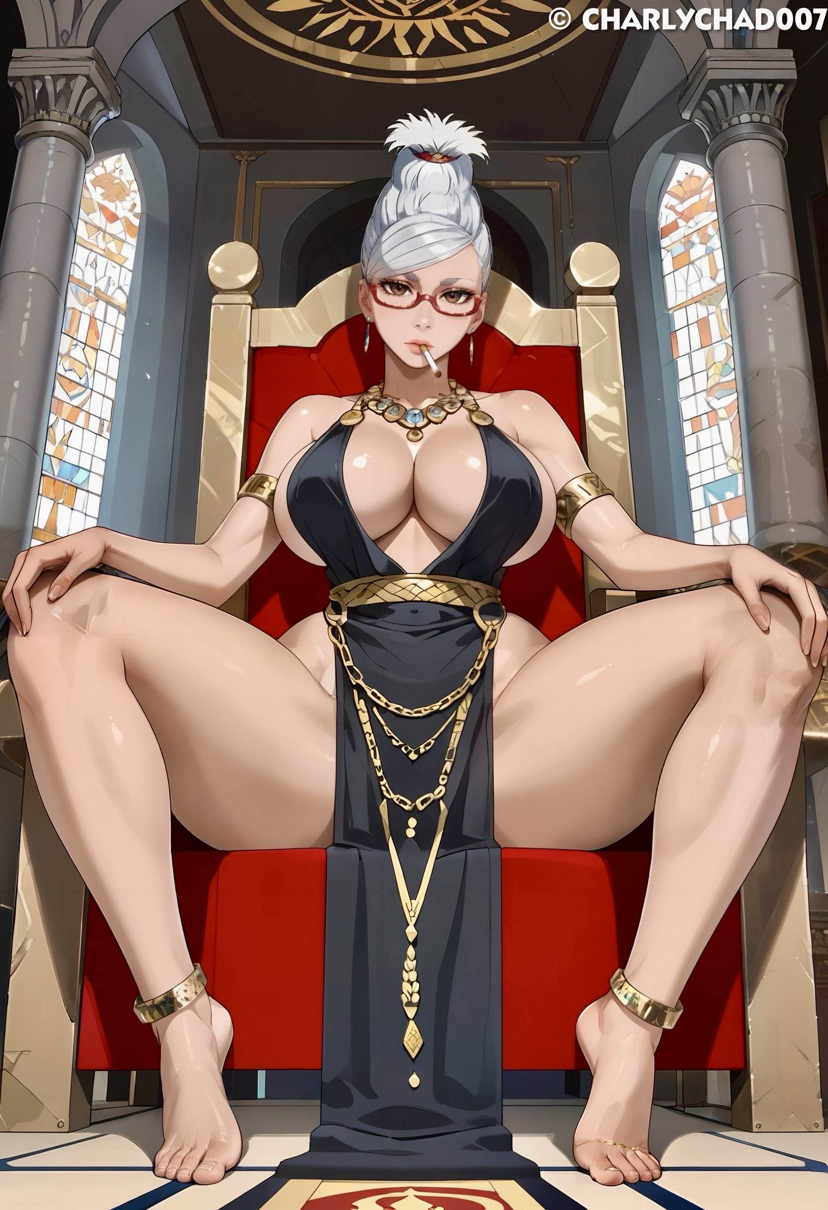 1girls ai_generated ayase_seiko big_breasts breasts charlychad007 cigarette dandadan dress feet femdom glasses huge_breasts nipples no_bra no_panties pelvic_curtain sitting smoking solo spread_legs thick_thighs wide_hips