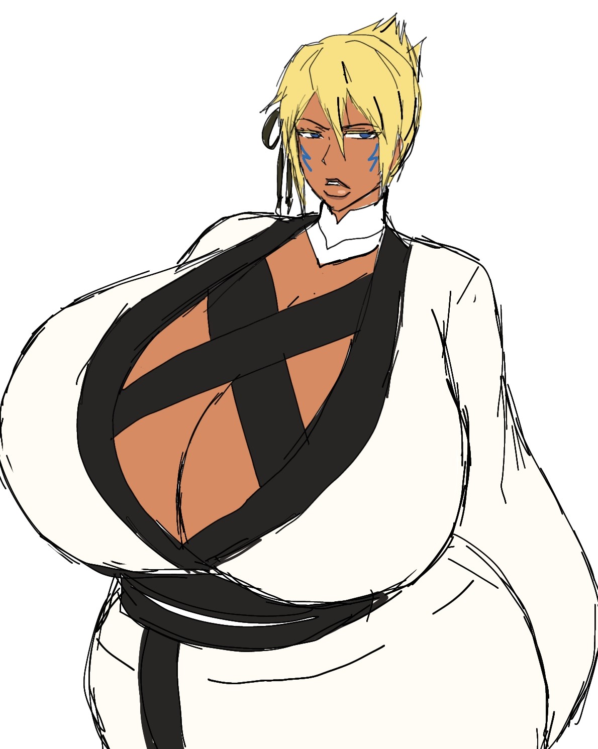 2d, 2d (artwork), 2d artwork, alternate breast size, big breasts, big hips, bleach, blonde hair, blonde-haired female, blue eyes, blue-eyed female, breasts, breasts bigger than head, enormous breasts, female, female focus, female only, japanese clothes, kissable lips, large breasts, momiji (artist), mommy milkers, robe, short hair, short-haired female, solo, solo female, solo focus, tagme, tan body, tan skin, tia harribel, twitter link, white background, white robe, wide hips
