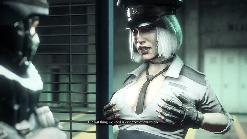 cleavage dead_rising dead_rising_3 fingerless_gloves grabbing_own_breast hilde_schmittendorf police_uniform screenshot slutty_outfit tie_between_breasts white_hair