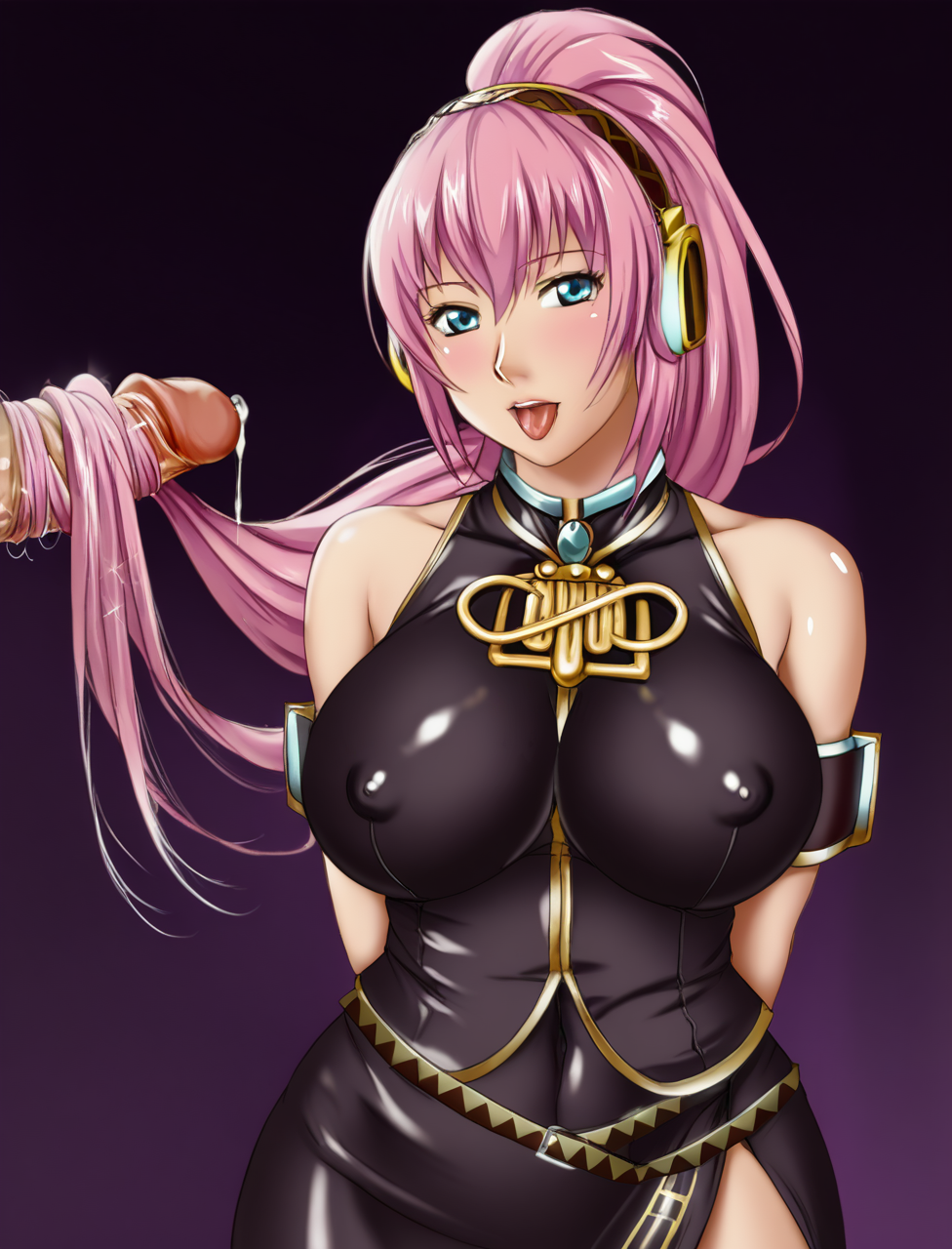 1boy1girl ai_generated alternate_hairstyle armband blue_eyes blush erect_nipples hairjob headphones large_breasts latex_suit megurine_luka open_mouth penis pink_hair pony_diffusion_xl ponytail precum simple_background very_long_hair vocaloid