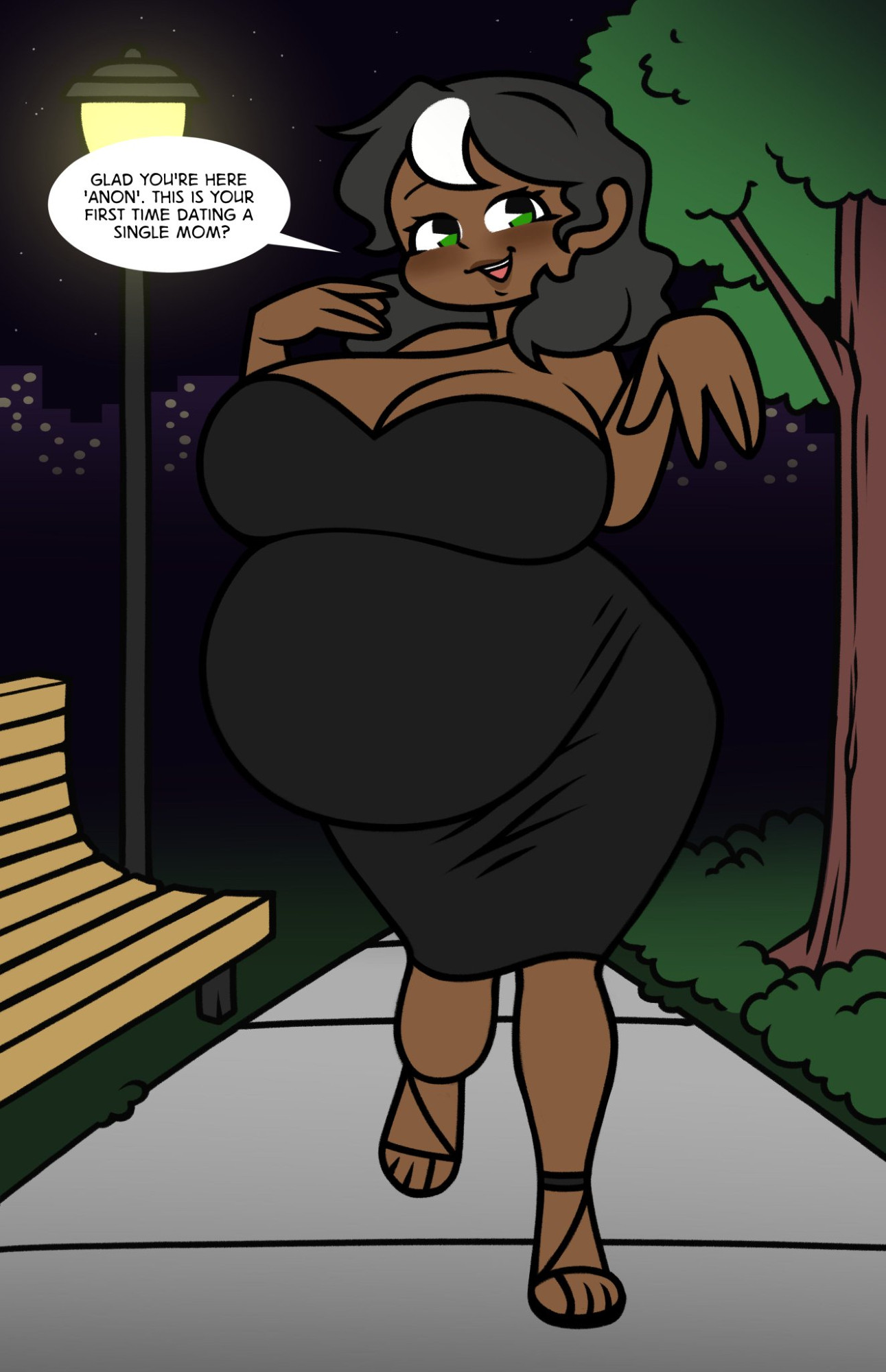 big breasts, black female, black girl, black woman, breasts, cleavage, dark skin, dark-skinned female, dialogue, ebony, ebony female, female, gigantic breasts, huge breasts, hyper belly, hyper breasts, jinnsart, mallow marsh (koolish), milf, pregnant, ready to pop, speech bubble, thick thighs, wide hips