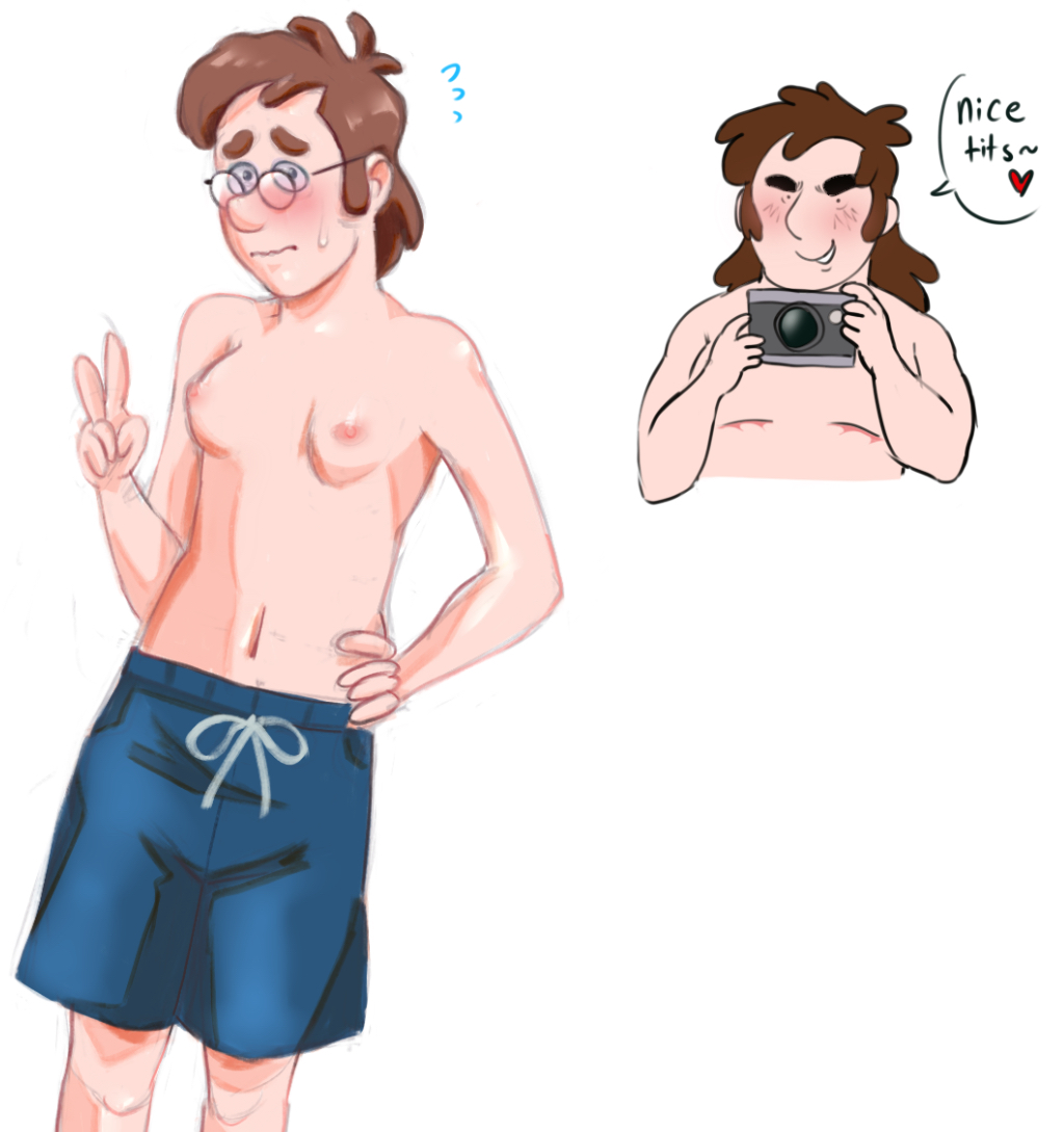 2boys breasts camera compliment cuntboy cuntboy_focus embarrassed fiddleford_mcgucket glasses gravity_falls male_only nervous nervous_sweat no_penetration posing_for_picture stanley_pines swim_trunks top_surgery_scars white_background