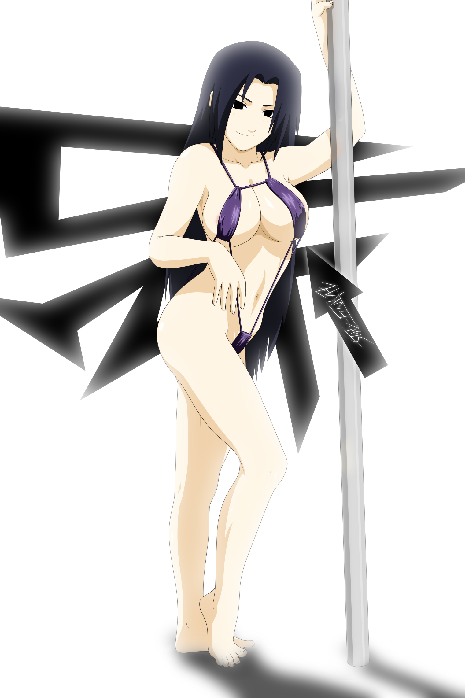 accurate art style, areola, areolae, bikini, black eyes, blue hair, female, highres, milf, naruto, naruto (classic), naruto (series), nipples, pole, pole dancing, smile, stiky finkaz, string bikini, swimsuit, uchiha mikoto
