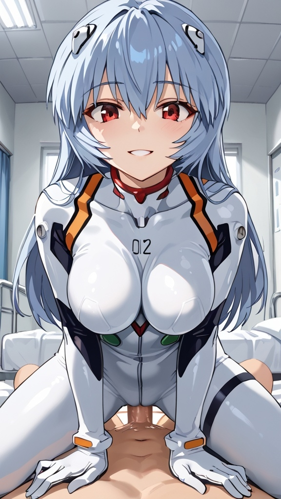 ai_generated alternate_hairstyle cowgirl_position long_hair neon_genesis_evangelion plugsuit rei_ayanami