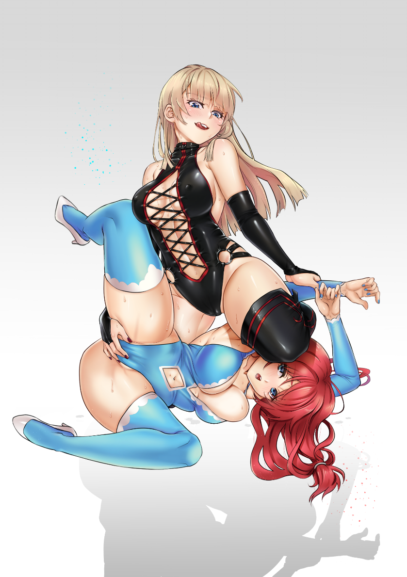 2girls bingsang black_leotard blonde_hair blue_leotard boots breasts bridal_gauntlets bursting_breasts catfight fingering laces large_breasts leotard licking_lips long_hair multiple_girls open_mouth original ponytail red_hair submission_hold sweat thigh_boots thighhighs tongue tongue_out wrestling wrestling_outfit