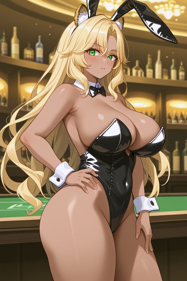 afalyca ai_generated bar big_breasts big_thighs black_leotard blonde_hair blonde_hair bottle bottles bottles_background bow bunny_ears bunny_girl bunnysuit genshin_impact green_eyes indoors leopard leopard_ears leopard_girl leopard_tail leotard long_hair looking_at_viewer playboy_bunny standing tensor.art tensor_art thick_thighs xilonen_(genshin_impact)