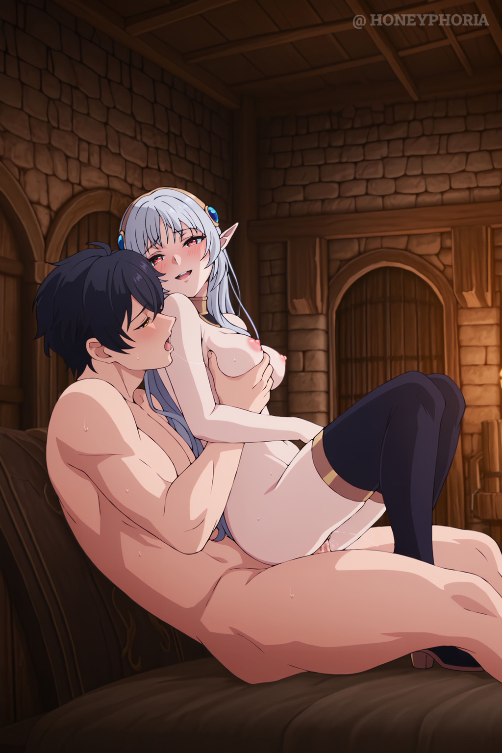 ai assisted, ai generated, amelia rose, amelia rosequartz, anime, anime style, black hair, blush, boots, elf, elf ears, elf female, golden eyes, grabbing another's breast, jewelry, medium breasts, my status as an assassin obviously exceeds the hero's, nipples, penis, pussy juice, red eyes, silver hair, stockings, tongue