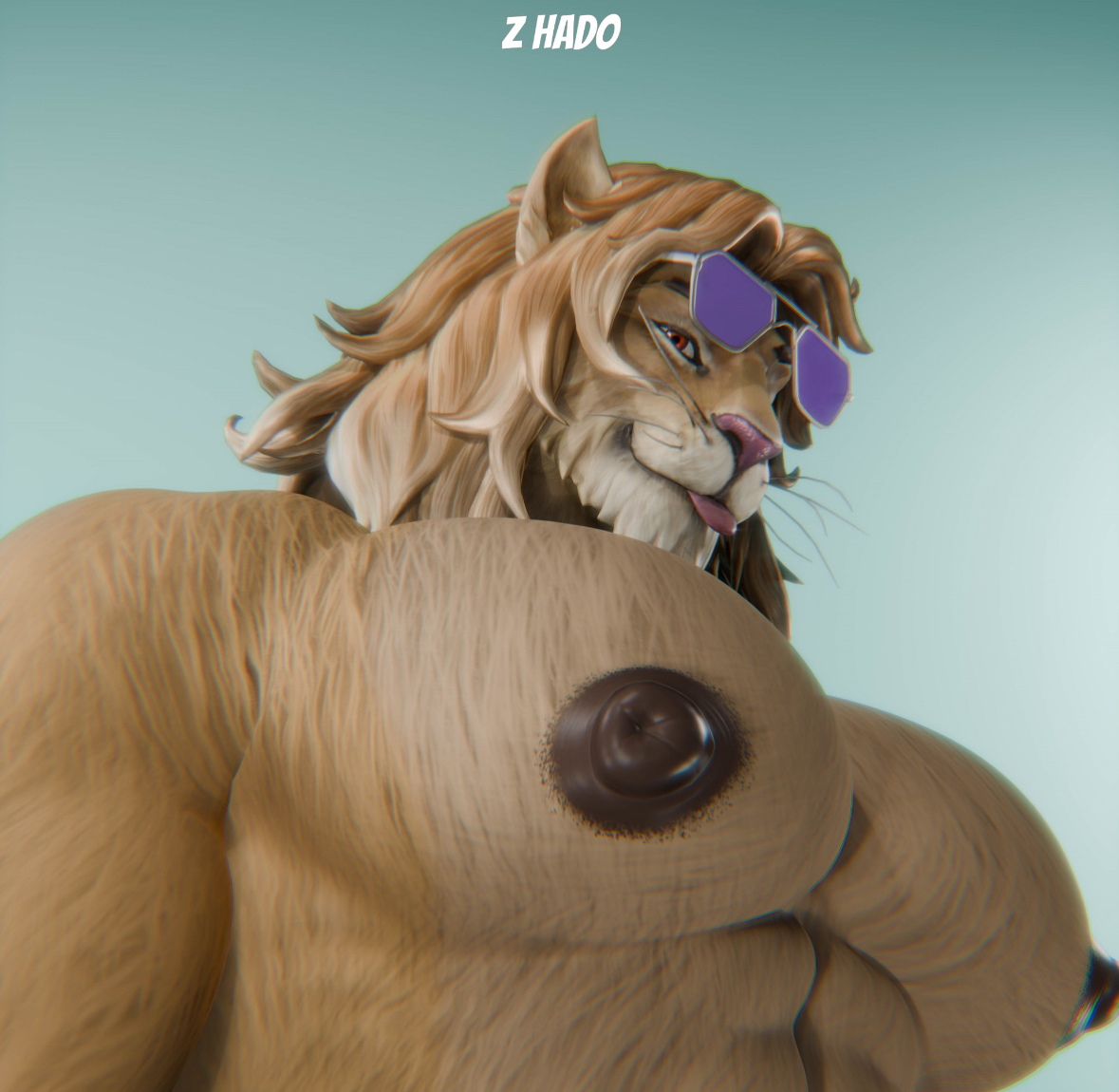 1boy, 3d, anthro, bara, bara tits, big breasts, big chest, big nipples, eyewear on head, fortnite, furry, gay, kingston (fortnite), lion, male only, muscle, muscles, muscular, sunglasses, z hado