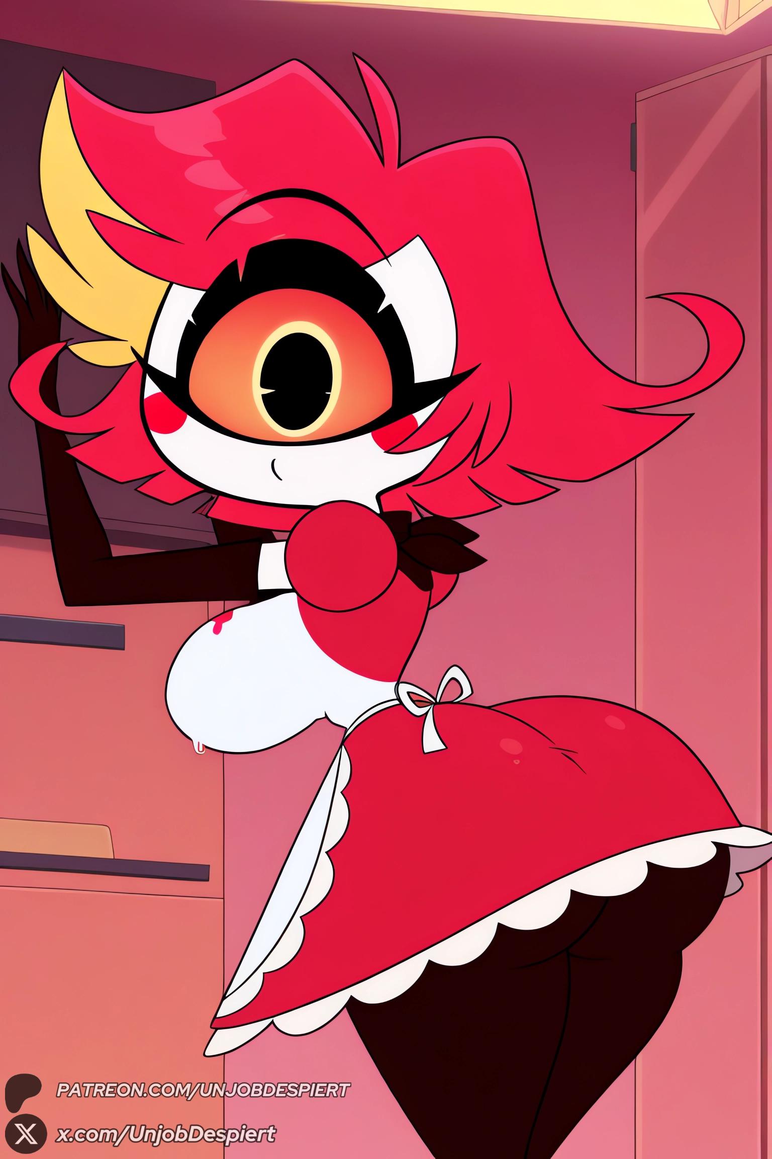 1female, 1girls, 2025, ai generated, apron, artist name, ass, bent over, big ass, big breasts, black gloves, black pantyhose, blonde hair, blush stickers, breasts, colored sclera, colored skin, curvy, cyclops, dress, elbow gloves, female, female only, from behind, gloves, hazbin hotel, hi res, high quality, high resolution, highres, huge ass, huge breasts, indoors, large breasts, leaning forward, looking at viewer, looking back, maid, multicolored hair, niffty, one-eyed, pantyhose, patreon, patreon logo, patreon username, pixiv username, puffy short sleeves, puffy sleeves, red dress, red eyes, red hair, short sleeves, signature, smile, solo, unjobdespiert, watermark, web address, yellow sclera