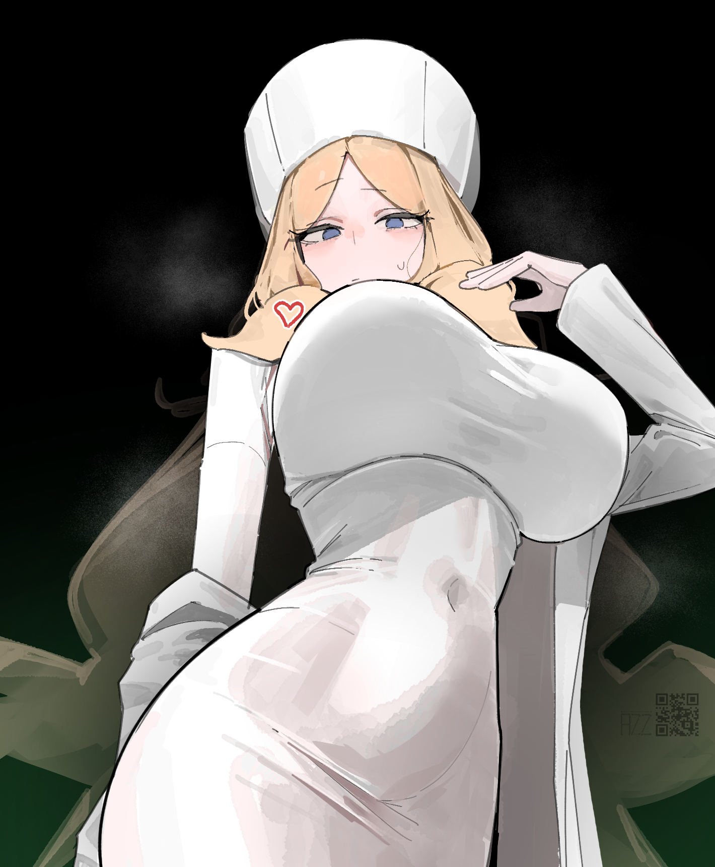 1girls, 2025, azz0422, big breasts, black background, blonde hair, blue eyes, breasts, caitlin (pokemon), clothed, clothing, curvy, curvy figure, female, female only, game freak, huge breasts, light skin, light-skinned female, long hair, looking down, nintendo, pokemon, pokemon bw, pokemon bw2, simple background, solo