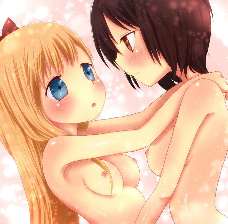 black_hair blonde_hair blue_eyes blush bow breasts brown_eyes female funami_yui hairbow long_hair multiple_girls nipples open_mouth short_hair toshinou_kyouko you-1110 yuri yuru_yuri