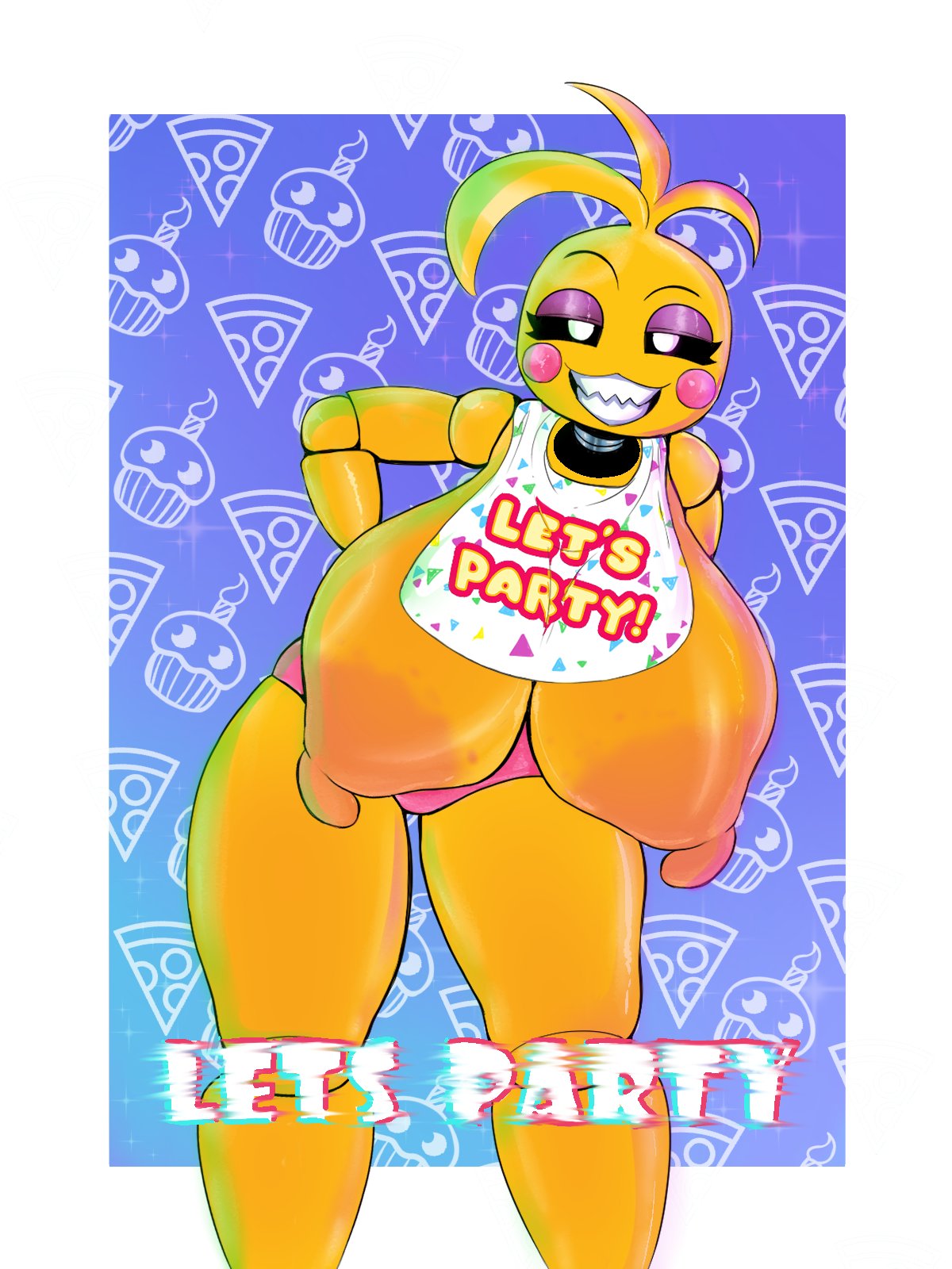 absurd res, big breasts, big smile, black eyes, breasts, cupcake (fnaf), five nights at freddy's, fnaf, panties, pikachu mostacho, pizza, sharp teeth, solo, toy chica (fnaf), white iris