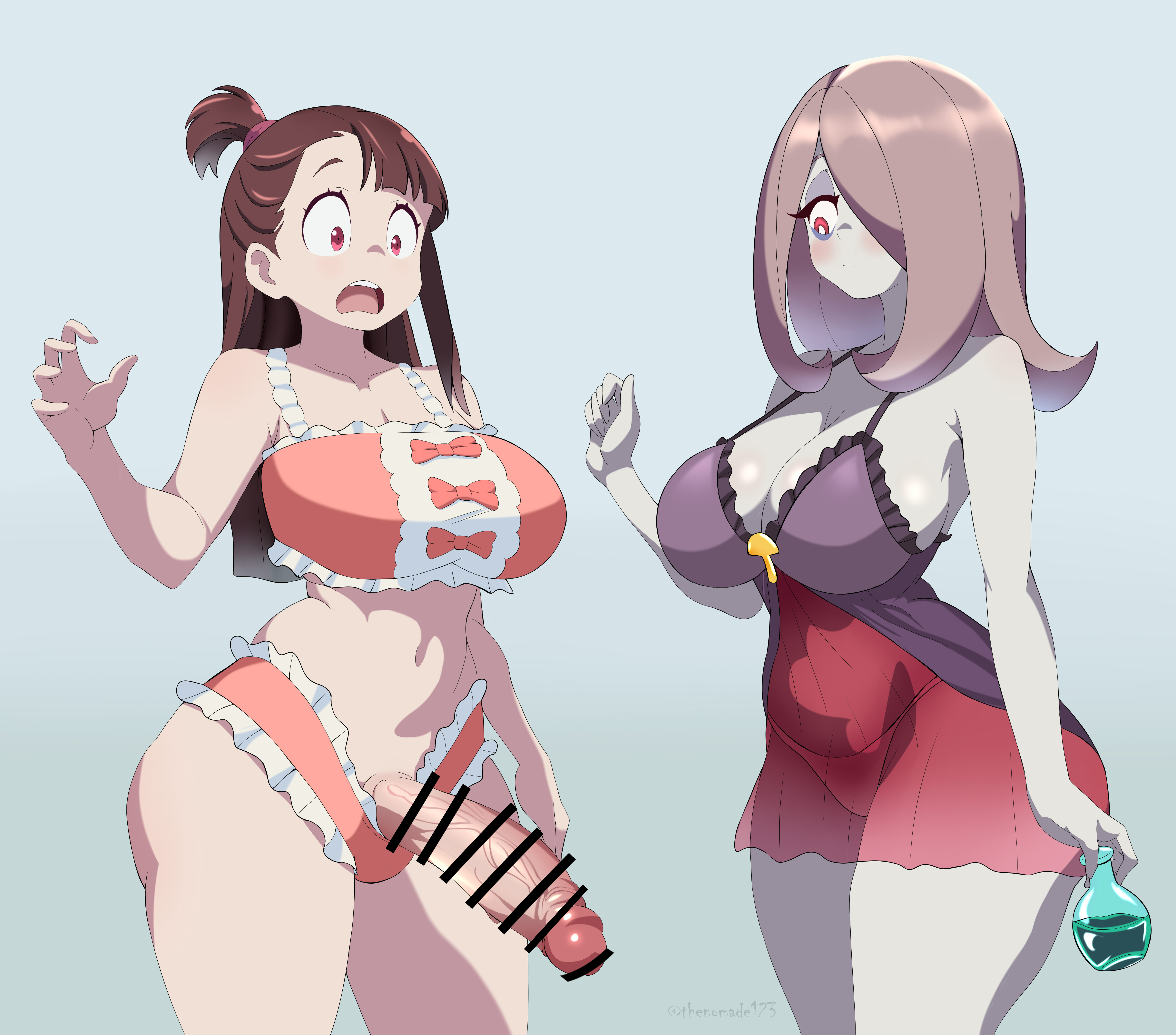 atsuko kagari, blush, brown hair, censor bar, censored, clothed, clothed futa clothed futa, clothing, commission, duo, futanari, hair over one eye, little witch academia, open mouth, potion, red eyes, sucy manbavaran, thenomade123, veiny penis