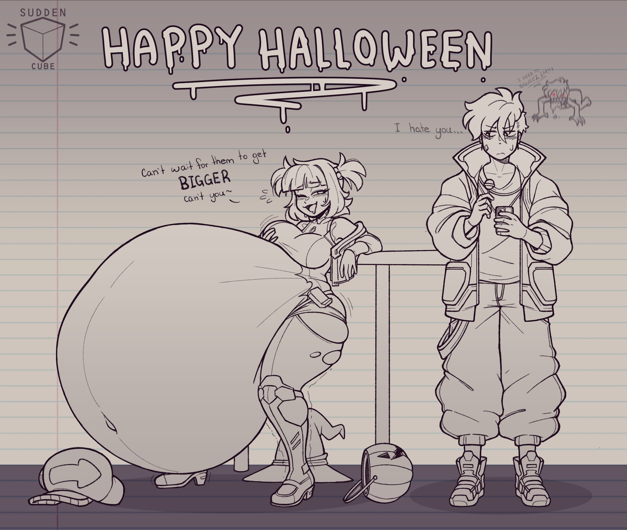 admiring, annoyed expression, aroused, ass, belly fetish, blush, drunk, fat ass, flirting, halloween, hyper, hyper belly, liam (suddencube), molly (suddencube), prey outline, secretly loves it, struggling prey, suddencube (artist), vore, vore belly