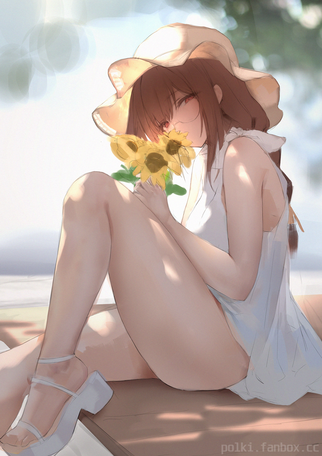 ass, big ass, big breasts, braid, braided hair, breasts, brown hair, brunette, dress, feet, female, flower, glasses, hat, looking at viewer, original, original character, plump, plump ass, polki, red eyes, sandals, summer dress, sunlight, thick thighs, thighs, white dress