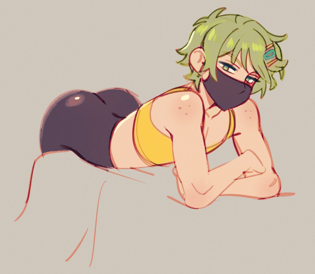 1boy, 1femboy, 2020s, 2025, arms crossed, ass, ass focus, big ass, clothed, clothing, crop top, crossed arms, curvy male, digital media (artwork), face mask, femboy, femboy only, freckles, freckles on shoulders, fully clothed, green eyes, green hair, hairclip, leaning, leaning forward, leggings, lyssahh, male, male only, mask, masked male, original, original character, pomme (lyssahh), skinny, skinny femboy, skinny male, solo femboy, solo male, tank top