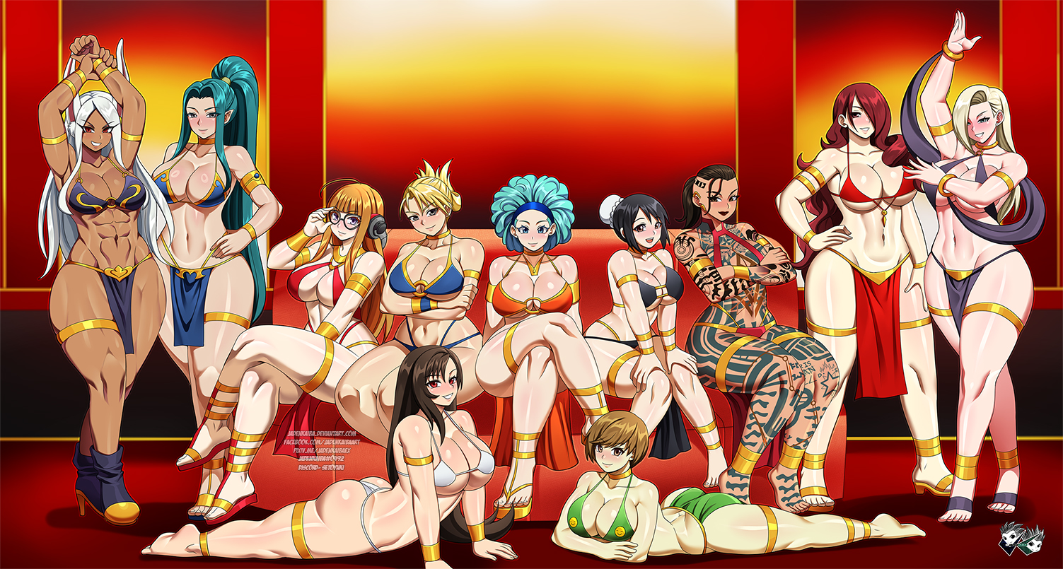 11girls, 2d, 6+girls, abs, aqua hair, athletic female, belly dancer, belly dancer outfit, big ass, big breasts, black hair, bleach, blonde hair, blue hair, boku no hero academia, breasts, brown hair, bulma briefs, bunny ears, bunny girl, chie satonaka, cleavage, couch, crossover, curvaceous, curvy, curvy figure, dancer, dancer outfit, dark skin, dark-skinned female, dragon ball, dragon ball z, eastern and western character, female, female only, final fantasy, final fantasy vii, fit female, fullmetal alchemist, fullmetal alchemist brotherhood, glasses, harem, harem girl, harem outfit, hinamori momo, huge breasts, ino yamanaka, jack (mass effect), jadenkaiba, large ass, large breasts, light skin, light-skinned female, loincloth, long hair, mass effect, mass effect (series), mass effect 2, mass effect 3, megami tensei, miruko, mitsuru kirijo, multiple girls, my hero academia, naruto, naruto (series), naruto shippuden, noike kamiki jurai, orange hair, persona, persona 3, persona 4, persona 5, ponytail, rabbit ears, rabbit girl, red hair, riza hawkeye, rumi usagiyama, sakura futaba, satonaka chie, short hair, slave, slave girl, slave outfit, tattoos, tenchi muyo!, thick thighs, thighs, tifa lockhart, toned, toned female, turquoise hair, white hair, wide hips