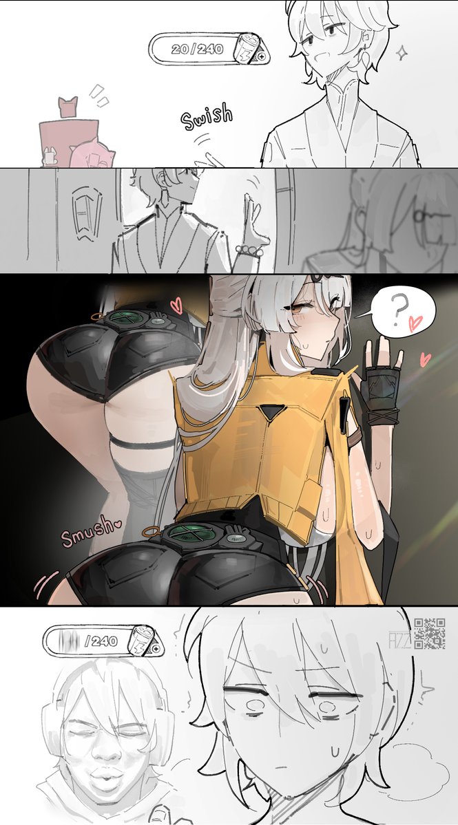 ?, 1boy1girl, 2025, 2d, 2d (artwork), ass, ass up, azz0422, back, back view, black background, butt, clothed, clothing, female, heart, hi res, horny female, hoyoverse, ishowspeed, light skin, light-skinned female, long hair, looking back, male, male/female, meme, meme reference, mihoyo, nervous, nervous sweat, official alternate costume, reference image, shorts, simple background, sweat, sweatdrop, thick ass, thick legs, thick thighs, thighs, video game character, video games, viewed from behind, white background, wise (soaring crane) (zenless zone zero), wise (zenless zone zero), yellow eyes, yixuan (zenless zone zero), zenless zone zero