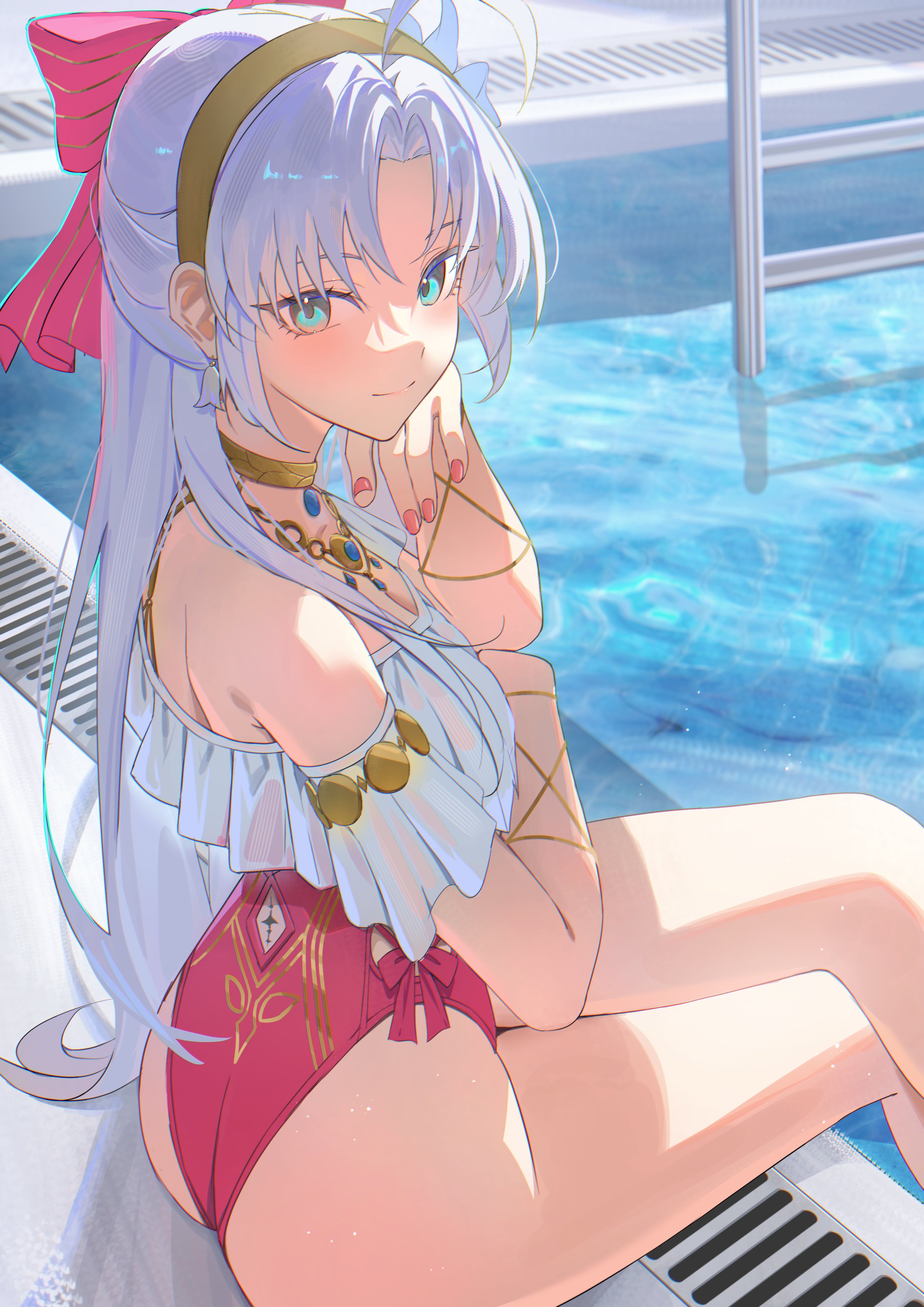 1girls, ass, ass focus, carlotta (splashing summer) (wuthering waves), carlotta (wuthering waves), green eyes, legs, long hair, official alternate costume, one piece swimsuit, red swimsuit, white hair, wuthering waves