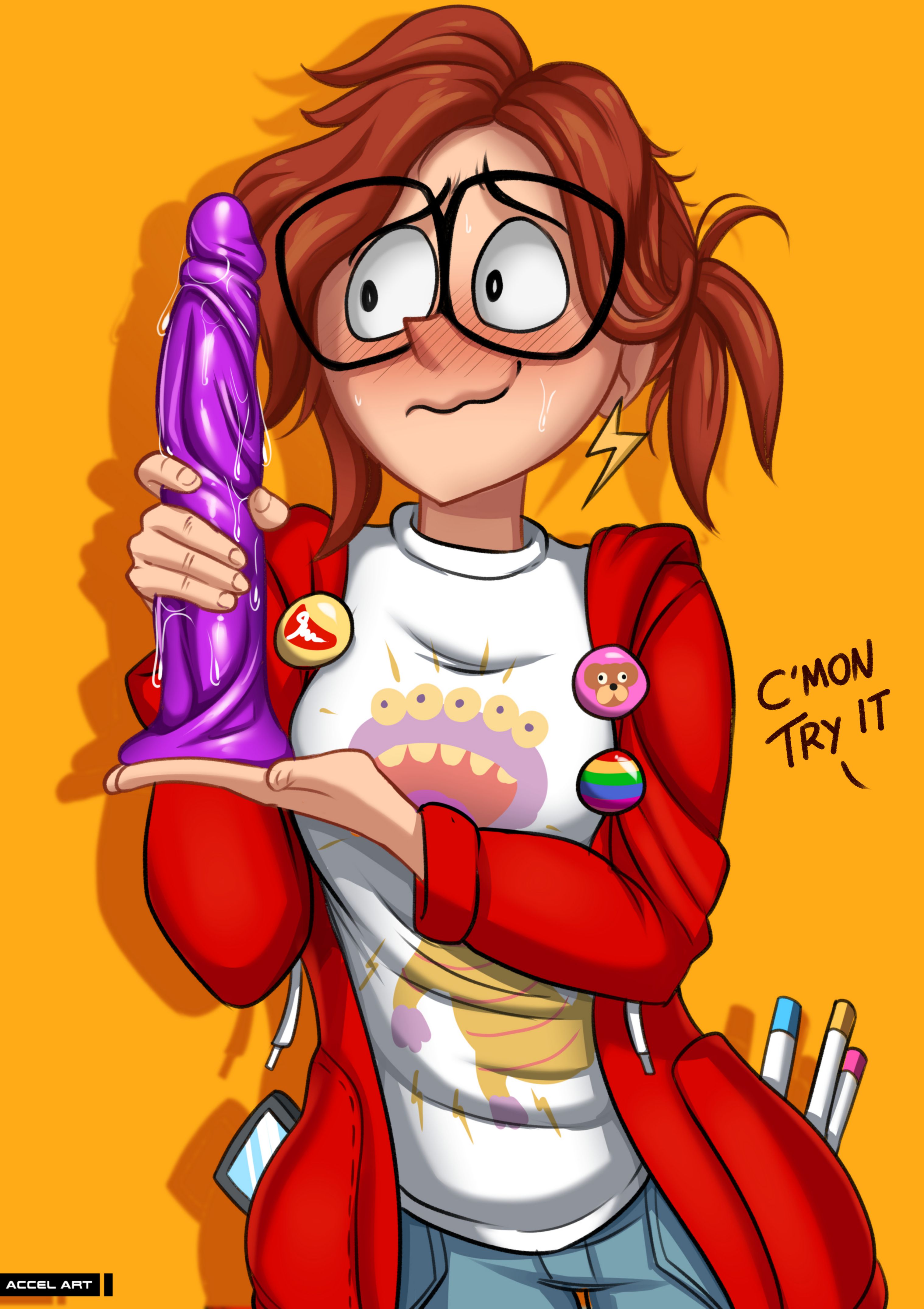 1girls, accelart, big dildo, clothed, clothed female, dildo, femsub, ginger hair, glasses, imminent penetration, katie mitchell, nerd glasses, nerdy female, nervous, nervous smile, orange hair, the mitchells vs. the machines, unseen male face