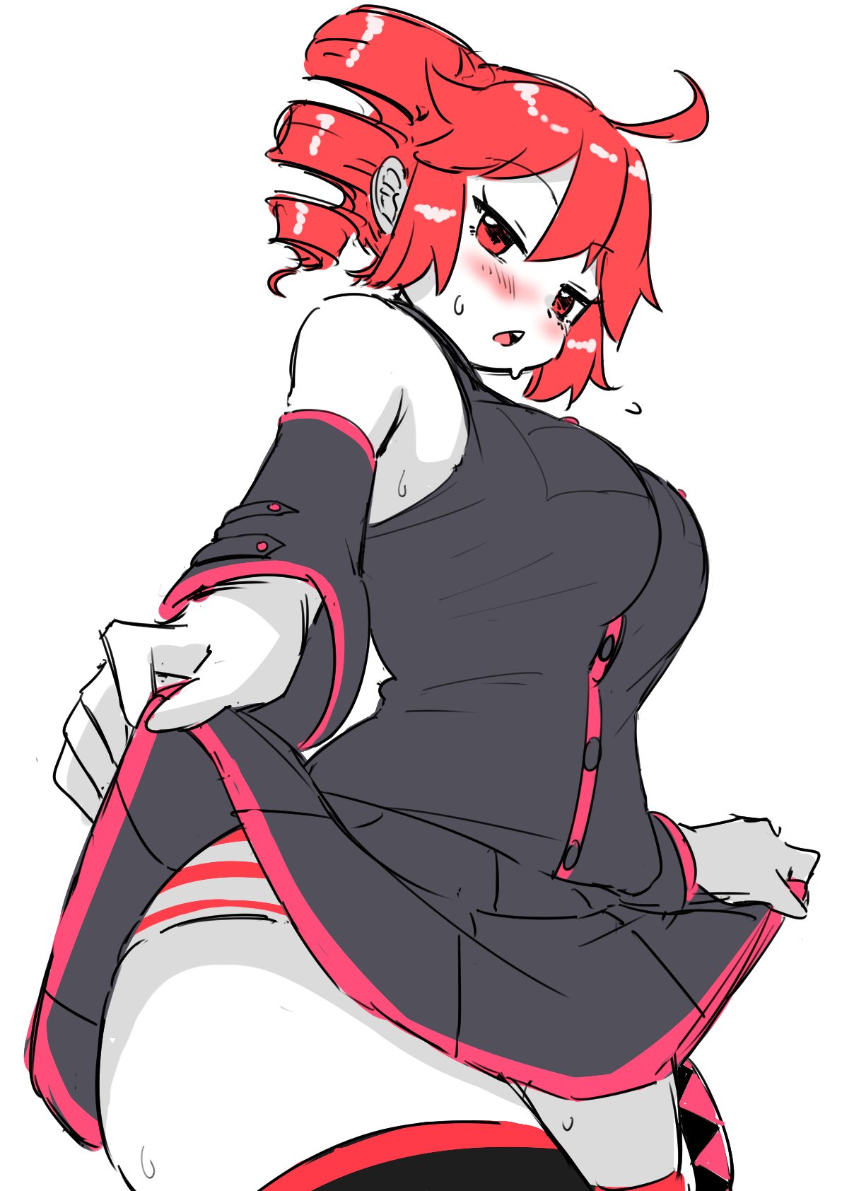 1girls, big breasts, blush, breasts, female, kasane teto, large breasts, looking at viewer, oshijuu748, panties, red hair, skirt, skirt lift, skirt lifted by self, striped panties, sweat, sweating, thick thighs, thighhighs, thighs, underwear, utau