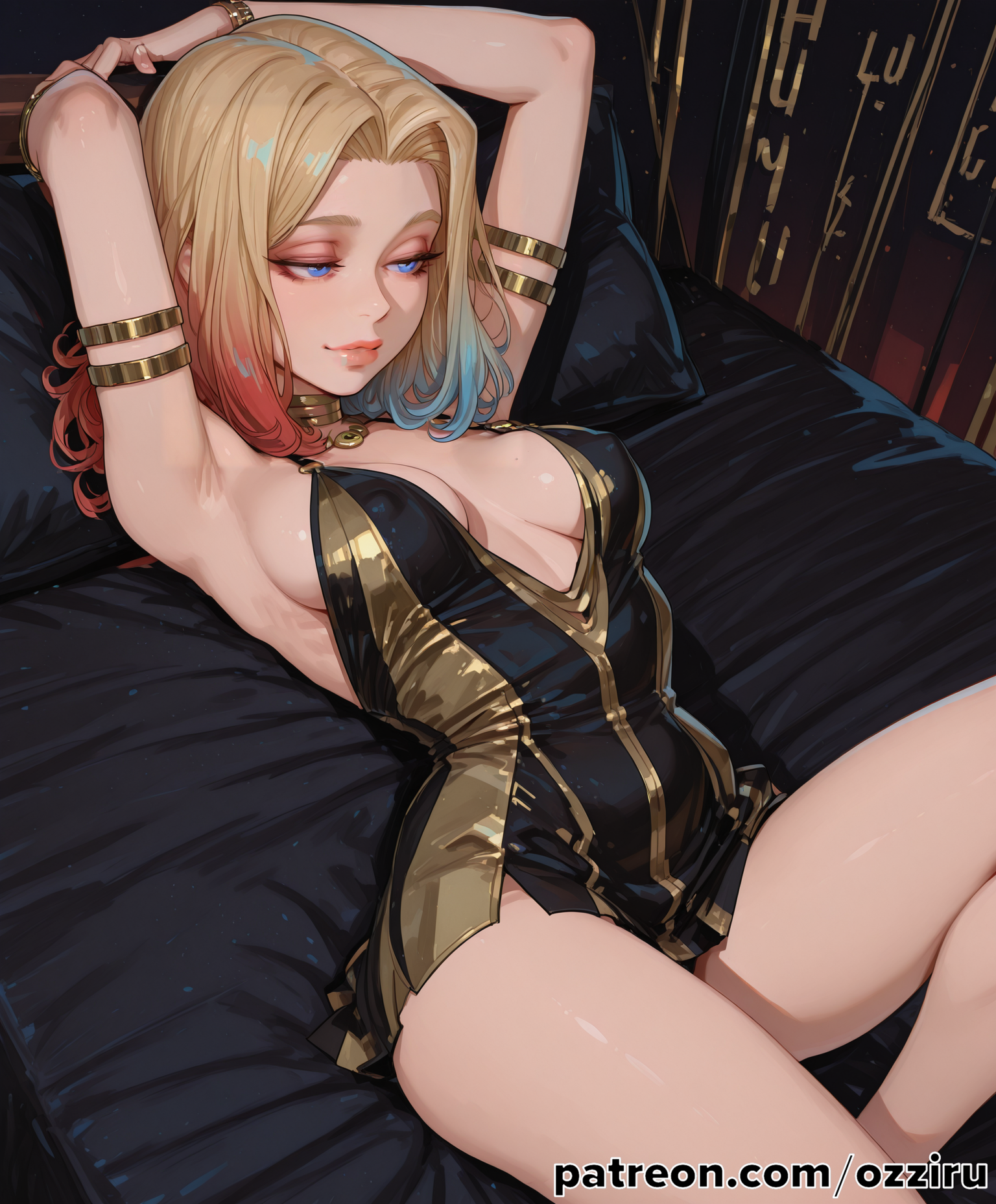 absurd res, ai generated, armlet, arms behind head, arms up, bed, bedroom, black bed, blonde female, blonde hair, blonde hair female, blonde-haired female, blue eyes, blue hair, bracelet, bracelets, cute, dc, dc comics, female, female focus, gradient hair, harley quinn, hi res, highres, indoors, inside, jewelry, lying, lying on back, lying on bed, medium breasts, medium hair, multicolored hair, on back, on bed, ozziru, parted bangs, patreon, red hair, revealing clothes, self upload, sexy, slim, solo, solo female, solo focus, strip club, three tone hair, two-tone hair, uncensored, villain, villainess
