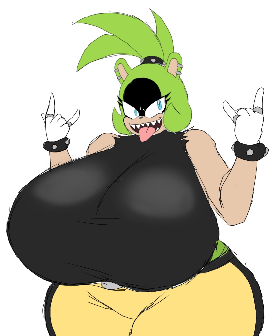 1girls, 2d, 2d (artwork), alternate body type, alternate breast size, anthro, big breasts, blue eyes, blue eyes female, breasts, breasts bigger than head, busty, busty female, busty girl, curvy, curvy body, curvy female, curvy figure, digital drawing (artwork), digital media (artwork), ear piercing, female, female focus, female only, furry, furry female, furry only, green body, green fur, green hair, green hair female, hair tie, hair tied, huge breasts, hyper, hyper breasts, large breasts, mature, mature woman, momiji (artist), non-human, sega, sharp teeth, simple background, solo, solo female, solo focus, sonic (series), sonic the hedgehog (comics), sonic the hedgehog (idw), sonic the hedgehog (series), surge the tenrec, tenrec, tongue, tongue out, upper body, white background