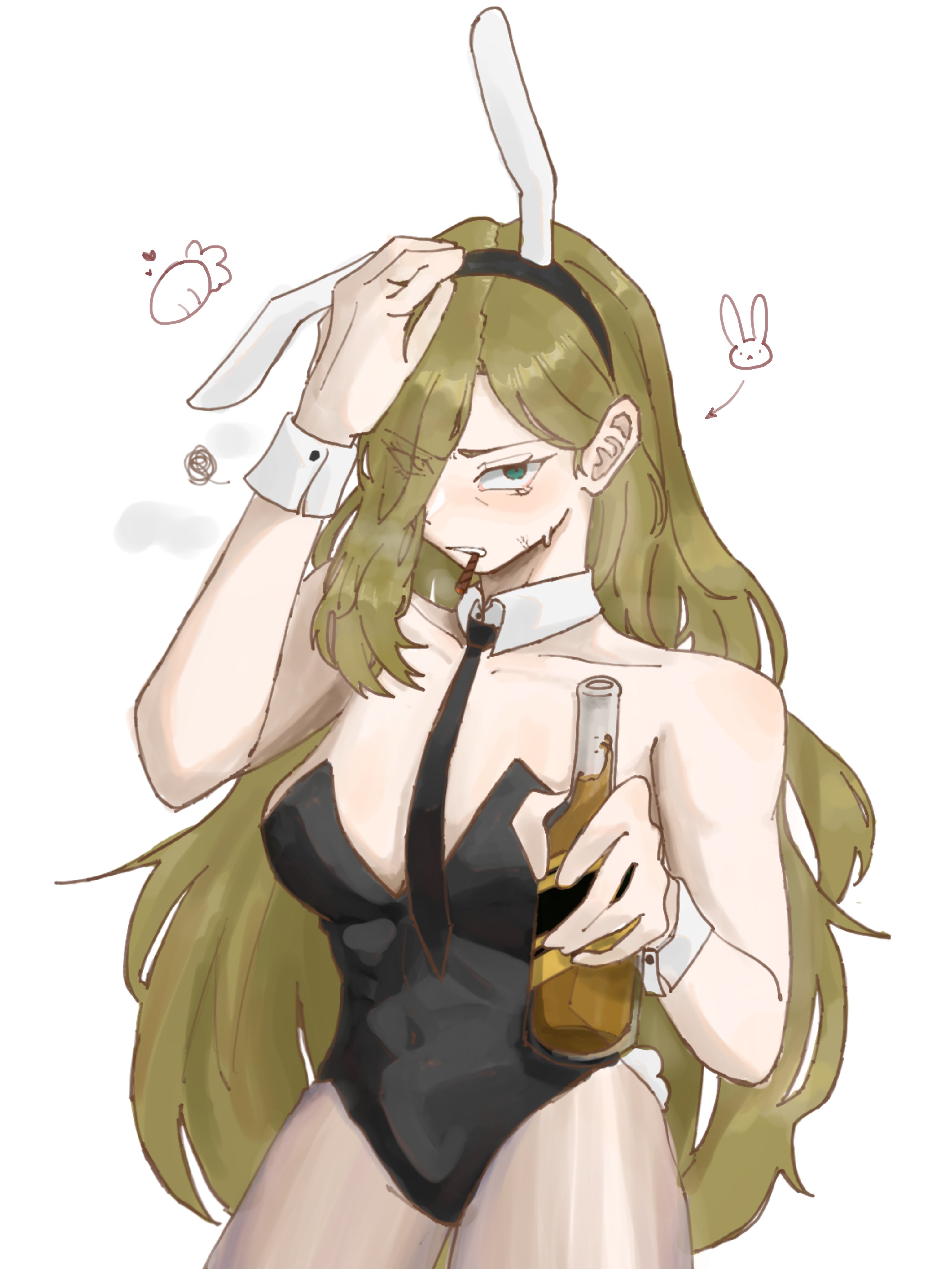1girls, alcohol, artist request, breasts, bunny ears, bunnysuit, cigar, cigar in mouth, embarrassed, embarrassed expression, embarrassed female, eye covered, female, green eyes, hair covering eye, limbus company, navel, navel visible through clothes, project moon, the thumb (project moon), tie, valencina (limbus company)
