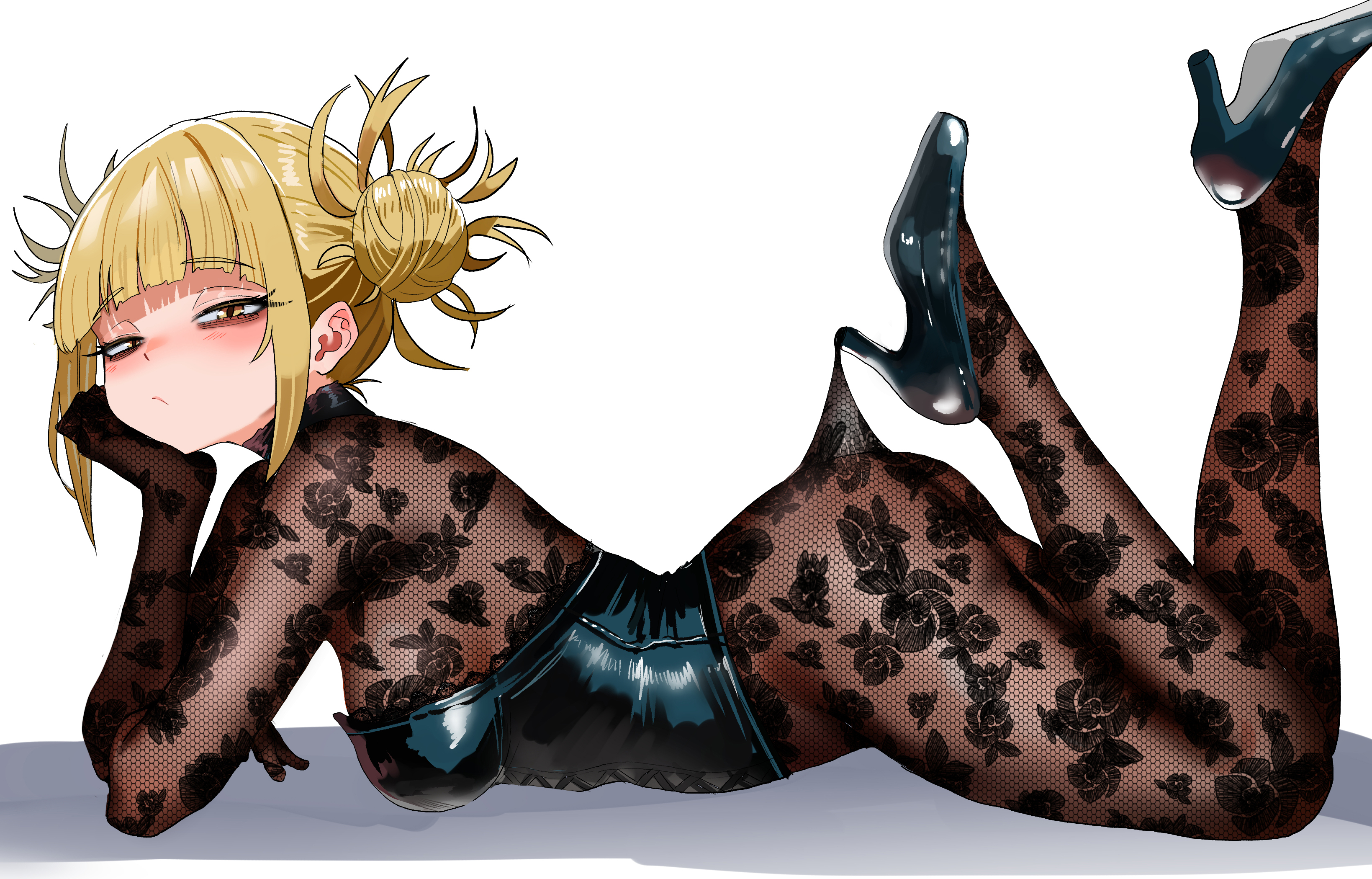1girls, ass, black bodysuit, blonde hair, blonde-haired female, bodysuit, breasts, feet up, female, female only, footwear, good shit, hair, heels, high heels, himiko toga, lace, lace pantyhose hooked on heel (meme), lace trim, lace-trimmed legwear, lace-trimmed pantyhose, legs up, legwear, lingerie, looking at viewer, my hero academia, on stomach, pantyhose, short hair, small breasts, solo, solo female, yellow eyes, zd (pixiv6210083)