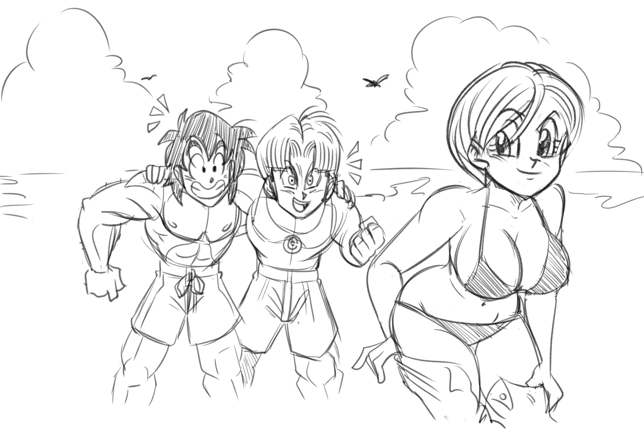 1girls, 2boys, beach, big breasts, bikini, bikini bottom, bikini top, black and white, black bikini, breasts, bulma (dragon ball super), bulma briefs, bulma briefs (dragon ball super), cleavage, dragon ball, dragon ball super, dragon ball z, edit, edited, excited, female, funsexydragonball, imminent incest, imminent sex, incest, male, milf, monochrome, mother, mother and son, older female, outdoors, outside, sketch, son, son goten, son goten (end of dbz), swimsuit, third-party edit, trunks (end of dbz), trunks briefs, undressing, younger male