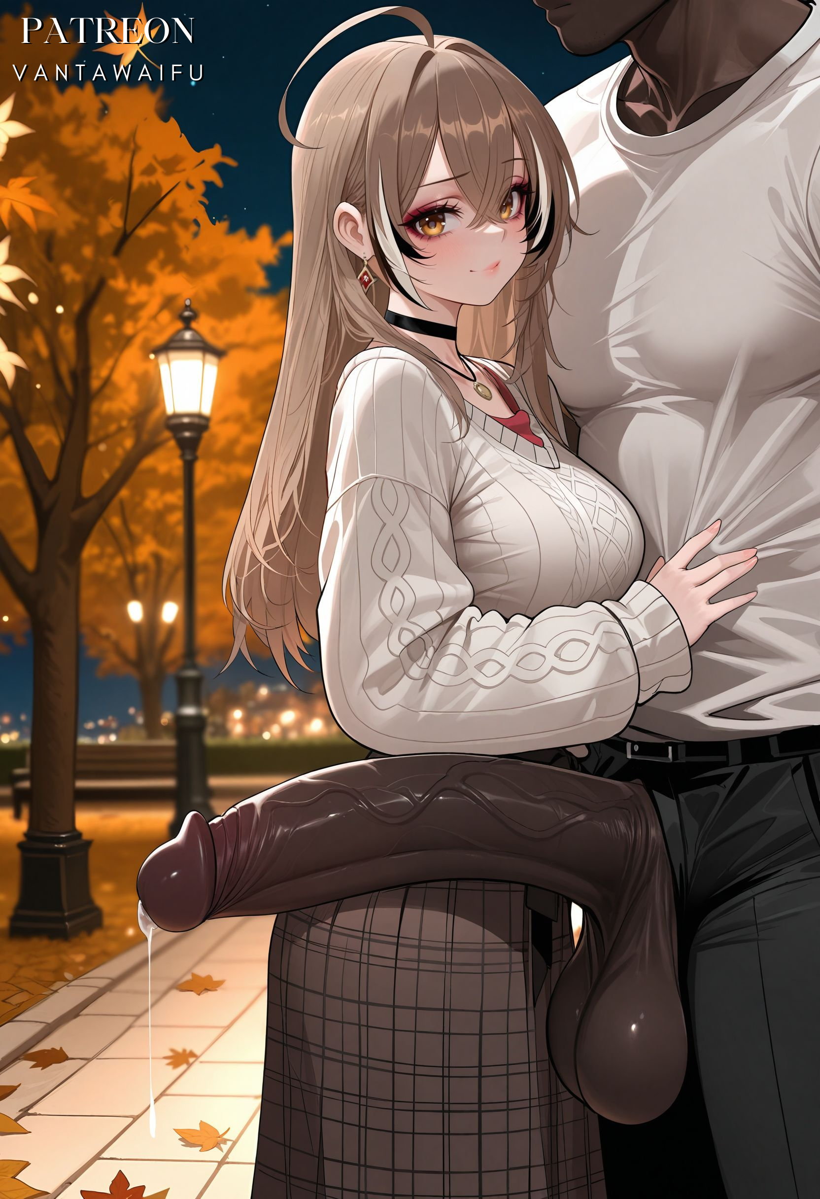 1boy, ahoge, ai generated, animal penis, autumn, autumn leaves, belt, bench, berry, black belt, black choker, black hair, black pants, blush, breasts, brown eyes, brown hair, brown skirt, choker, closed mouth, clothing, crossed bangs, dark skin, dark-skinned male, earrings, english text, erection, eyeliner, female, food-themed earrings, from side, ginkgo leaf, hair between eyes, head out of frame, height difference, hololive, hololive english, huge cock, huge testicles, interracial, jewelry, lamppost, large breasts, large penis, large testicles, long hair, long skirt, long sleeves, looking at viewer, makeup, male, maple leaf, multicolored hair, muscular, muscular male, nanashi mumei, nanashi mumei ch., necklace, netorare, night, night sky, ntr, official alternate costume, open fly, outdoors, pants, park, penis, penis awe, penis out, penis size difference, plaid, plaid skirt, precum, precum drip, red shirt, shirt, size difference, skirt, sky, smile, straight, streaked hair, sweater, sweater tucked in, testicles, tree, vantawaifu, veins, veiny penis, very dark skin, virtual youtuber, white hair, white shirt, white sweater