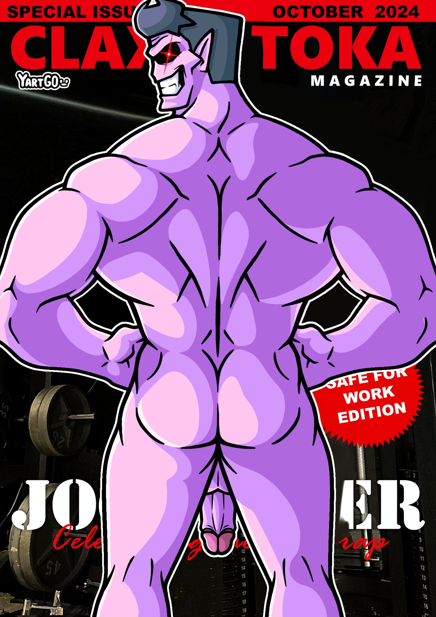 1boy, 2024, 2d, 2d (artwork), ass, ass crack, back view, balls, biceps, butt crack, daddy, daddy dearest, demon, dilf, fnf, friday night funkin, genitals, glans, glowing eyes, grey hair, grinning, grinning at viewer, high resolution, highres, humanoid, looking at viewer, looking back, magazine, magazine front page, male, male only, mature male, muscles, muscular, muscular back, muscular male, naked, naked male, nude, nude male, penis, purple skin, solo, teeth, twitter, weights, yartgo