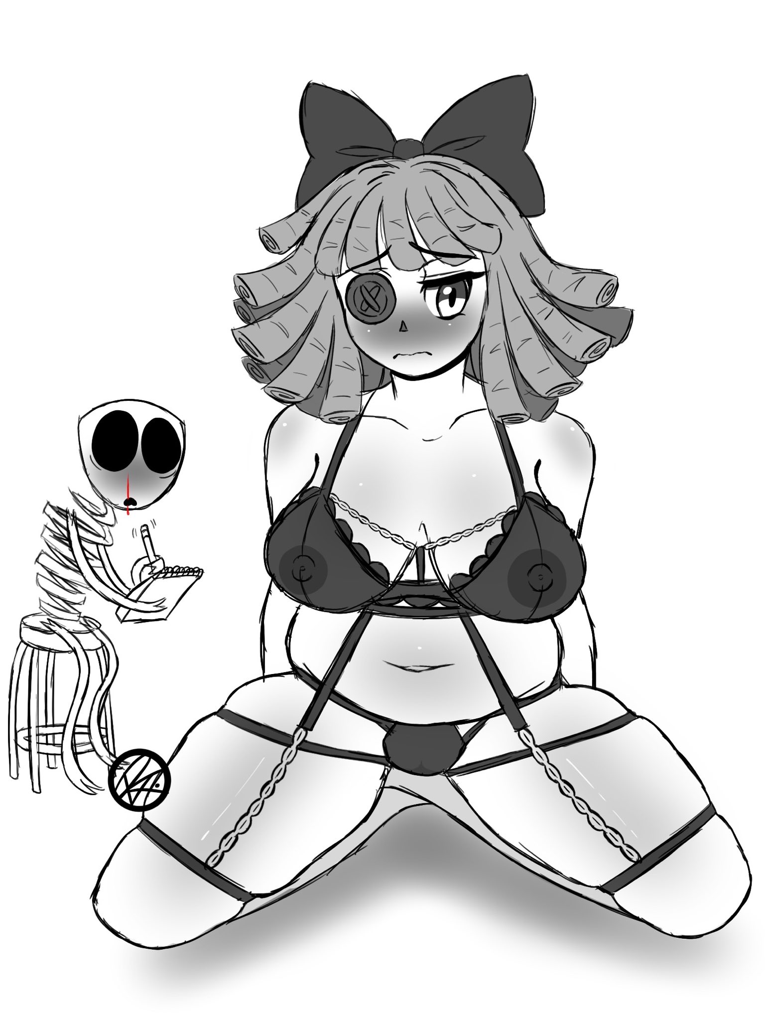 2girls, belly, bow, button eye, cararitzbun, commission, embarrassed, gangle (tadc), gangle (the amazing digital circus), glitch productions, gooseworx, lingerie, nipples visible through clothing, nosebleed, ragatha, ragatha (tadc), ragatha (the amazing digital circus), ragdoll, ritzbunz, tagme, the amazing digital circus, thick thighs