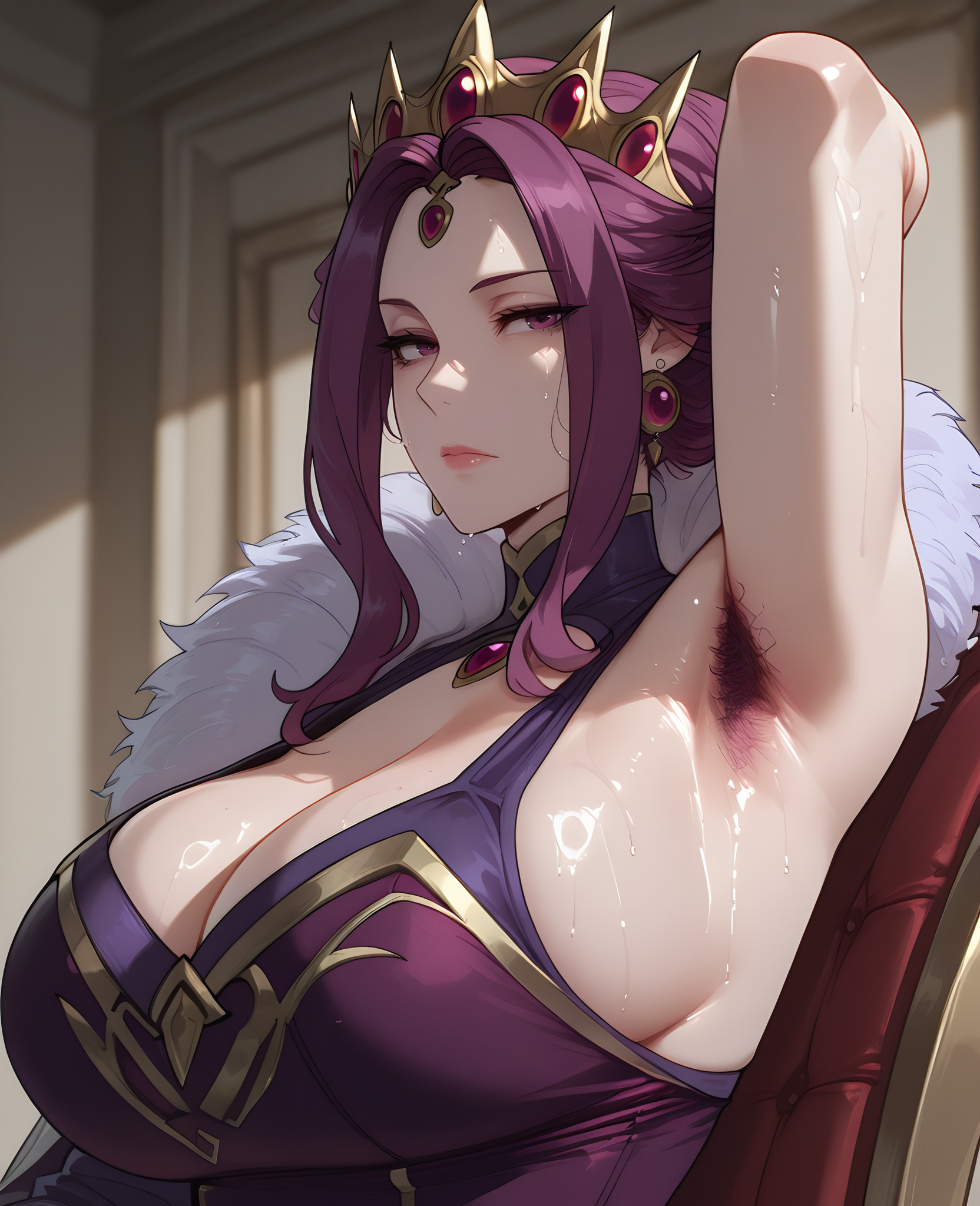ai generated, armpit hair, armpits, arms up, big breasts, crown, dress, emotionless, femdom, looking at viewer, mayyreel, milf, mirelia q melromarc, pubic hair, purple eyes, purple hair, queen, sidelocks, sweat, tate no yuusha no nariagari, the rising of the shield hero