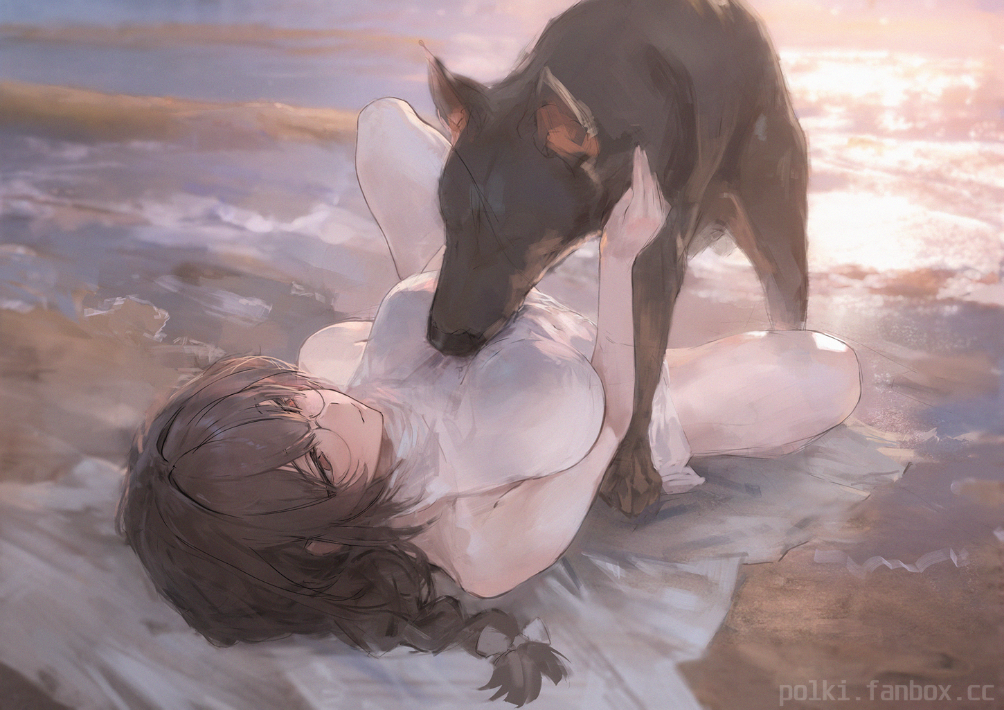 1dog, 1female, ass, bestiality, big ass, big breasts, braid, braided hair, breasts, brown hair, brunette, canine on human, dog, dress, embrace, female, female on feral, feral, feral on female, feral on human, glasses, human female, human on feral, imminent bestiality, imminent sex, original, original character, plump, polki, red eyes, smile, sniffing, spread legs, submissive, submissive female, submissive human, thick thighs, thighs, white dress, zoophilia