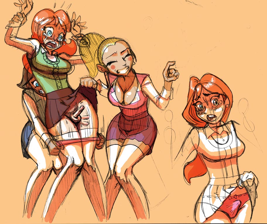3girls, 4girls, arms up, blush, breasts, bulge, cleavage, closed eyes, doktormidnite, earrings, erection, erection in panties, female, futanari, humiliation, intersex, jewelry, large breasts, long hair, mallaard, multiple females, multiple girls, open mouth, panties, panties down, panty bulge, panty pull, penis, penis in panties, pinching gesture, ponytail, restrained, short hair, skirt, skirt lift, small penis, small penis humiliation, smile, sweater, tear, thighhighs, tied hair, underwear, zettai ryouiki