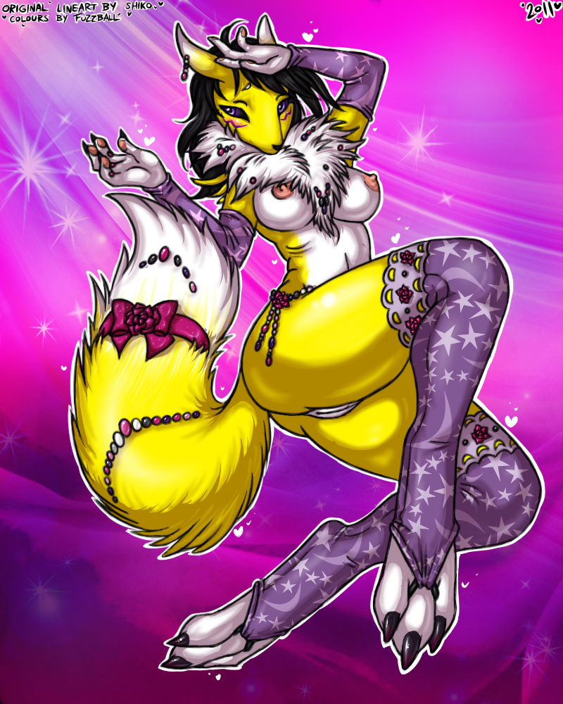 abstract_background anthro black_hair blush breasts canine chest_tuft claws collaboration digimon facial_markings female floating fox fur furry fuzzball_(artist) fuzzballfox fuzzy hair heart jewelry lingerie looking_at_viewer nipples nude pinup purple_eyes pussy raised_arm rena renamon ribbons shikoku-una sitting solo stockings tail toeless_socks