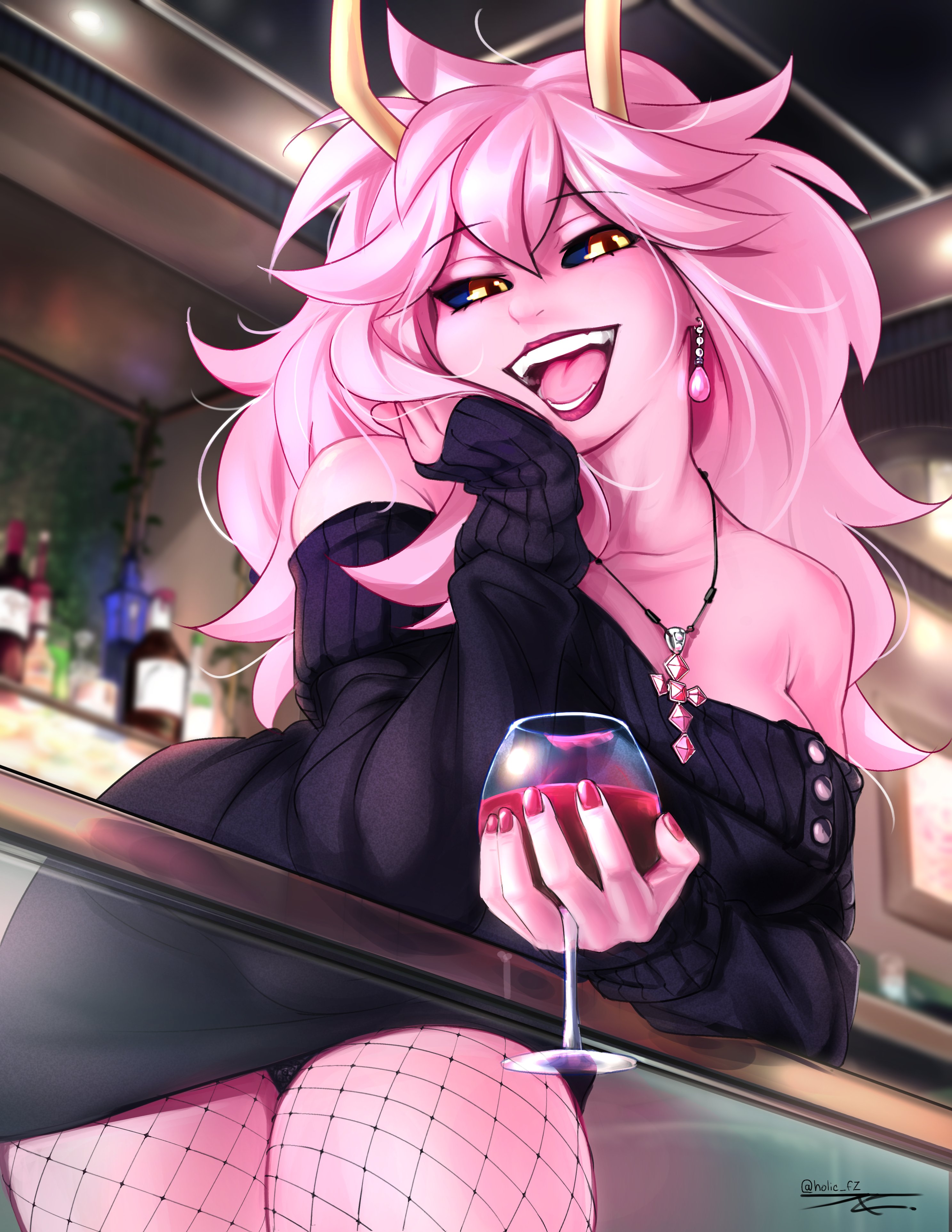 1girls, aged up, alternate hairstyle, bent over, black dress, black panties, black sclera, boku no hero academia, clavicle, collarbone, dress, earring, exposed collarbone, exposed shoulders, female, fishnet legwear, fishnet stockings, fishnets, hips, holic fz, lace panties, lipstick, lipstick mark, long hair, looking at viewer, mina ashido, my hero academia, my hero academia (finale), necklace, no pants, open mouth, panties peek, pink hair, pink skin, pink-haired female, post-timeskip, smile, strapless dress, sweater dress, thick thighs, thighs, upskirt, wide hips, wine, wine glass, yellow eyes, yellow horns