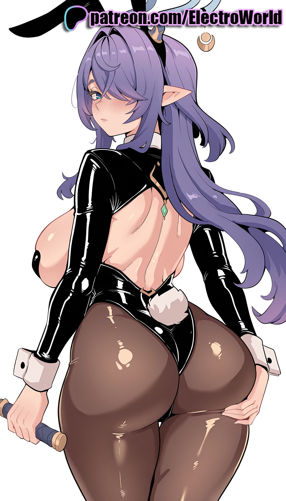1girls, 2025, ai generated, animal ears, artist name, ass, ass focus, big ass, big breasts, big chest, breasts, bust, busty, chest, electroworld, fake animal ears, female, female only, from behind, genshin impact, hair over one eye, hi res, high quality, high resolution, highres, large breasts, lauma (genshin impact), light-skinned female, long hair, looking back, pantyhose, pasties, patreon, patreon username, playboy bunny, pointy ears, purple hair, rabbit ears, rabbit tail, reverse bunnysuit, reverse outfit, solo, stable diffusion, tail, torn clothes, torn legwear, torn leotard, watermark, wrist cuffs