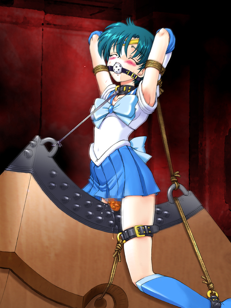 ami_mizuno ball_gag bishoujo_senshi_sailor_moon blue_hair blush bondage censored closed_eyes clothing collar dildo female female_only gag gagged human nonude penetration predicament_bondage rope sailor_mercury saliva short_hair skirt solo spark_utamaro straps torture wooden_horse